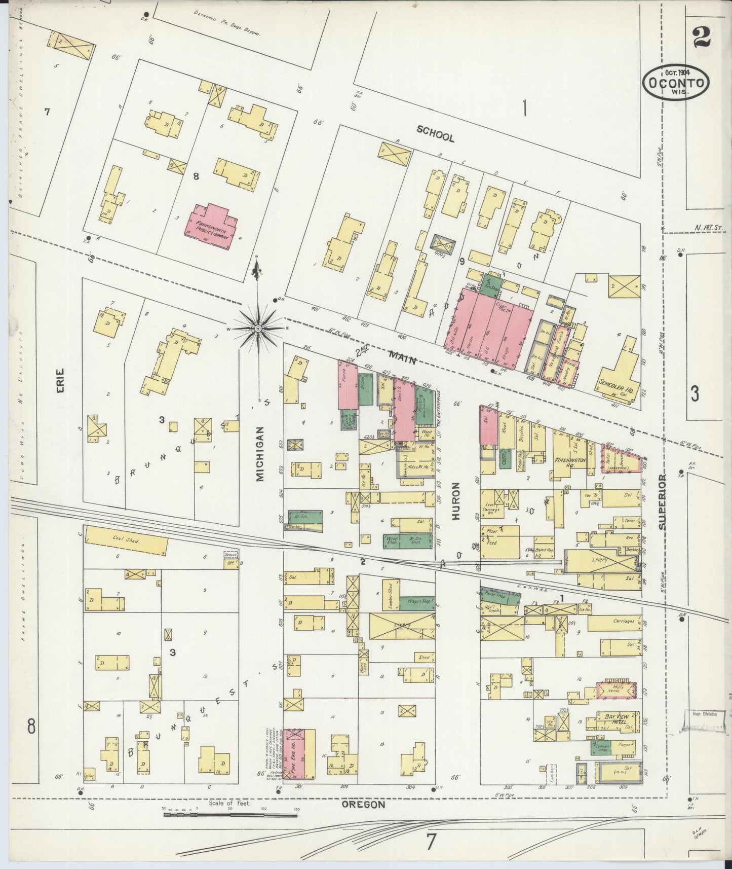 Sanborn Fire Insurance Map from Oconto, Oconto County, Wisconsin (1904), Sheet #0002 - Historic Sanborn Fire Insurance Map Print, vintage old map wall art, antique decor, genealogy gift, Wisconsin Wisconsin map