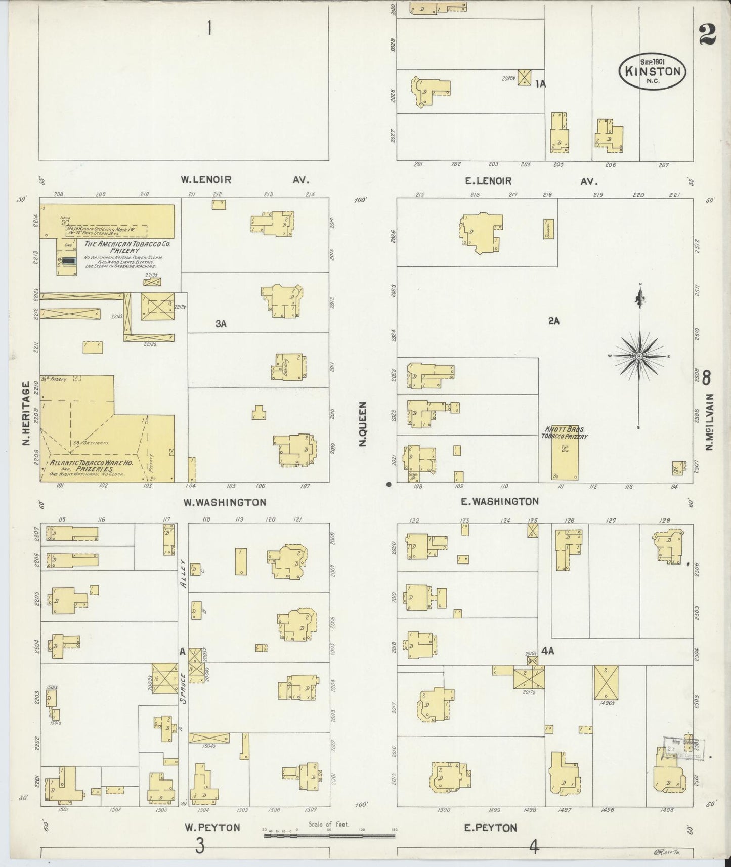 Sanborn Fire Insurance Map from Kinston, Lenoir County, North Carolina (1901), Sheet #0002 - Historic Sanborn Fire Insurance Map Print, vintage old map wall art, antique decor, genealogy gift, North Carolina North Carolina map