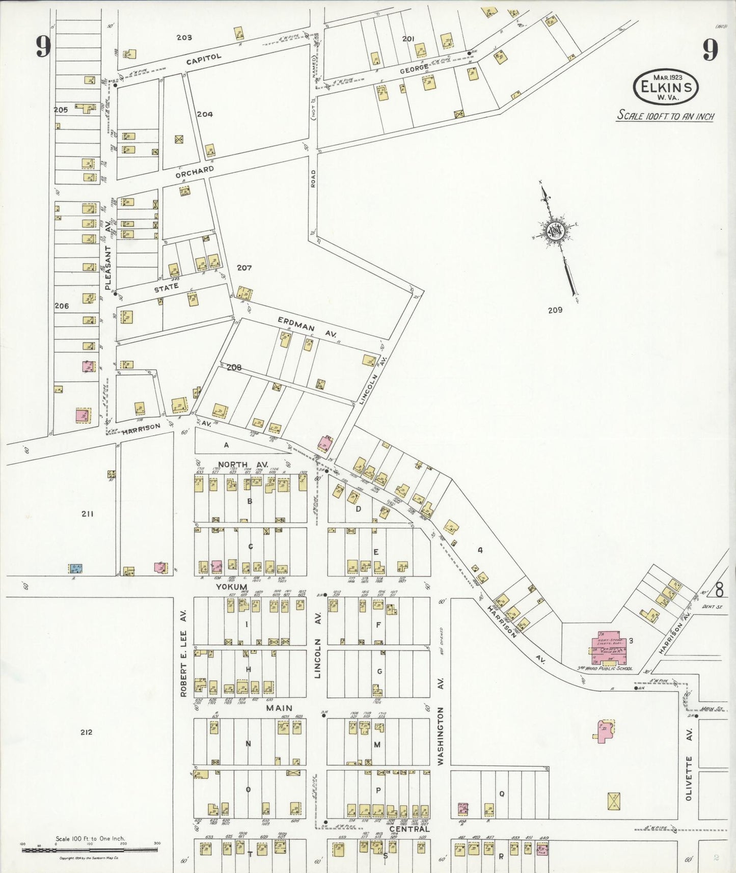 Sanborn Fire Insurance Map from Elkins, Randolph County, West Virginia (1923), Sheet #0009 - Historic Sanborn Fire Insurance Map Print, vintage old map wall art, antique decor, genealogy gift, West Virginia West Virginia map