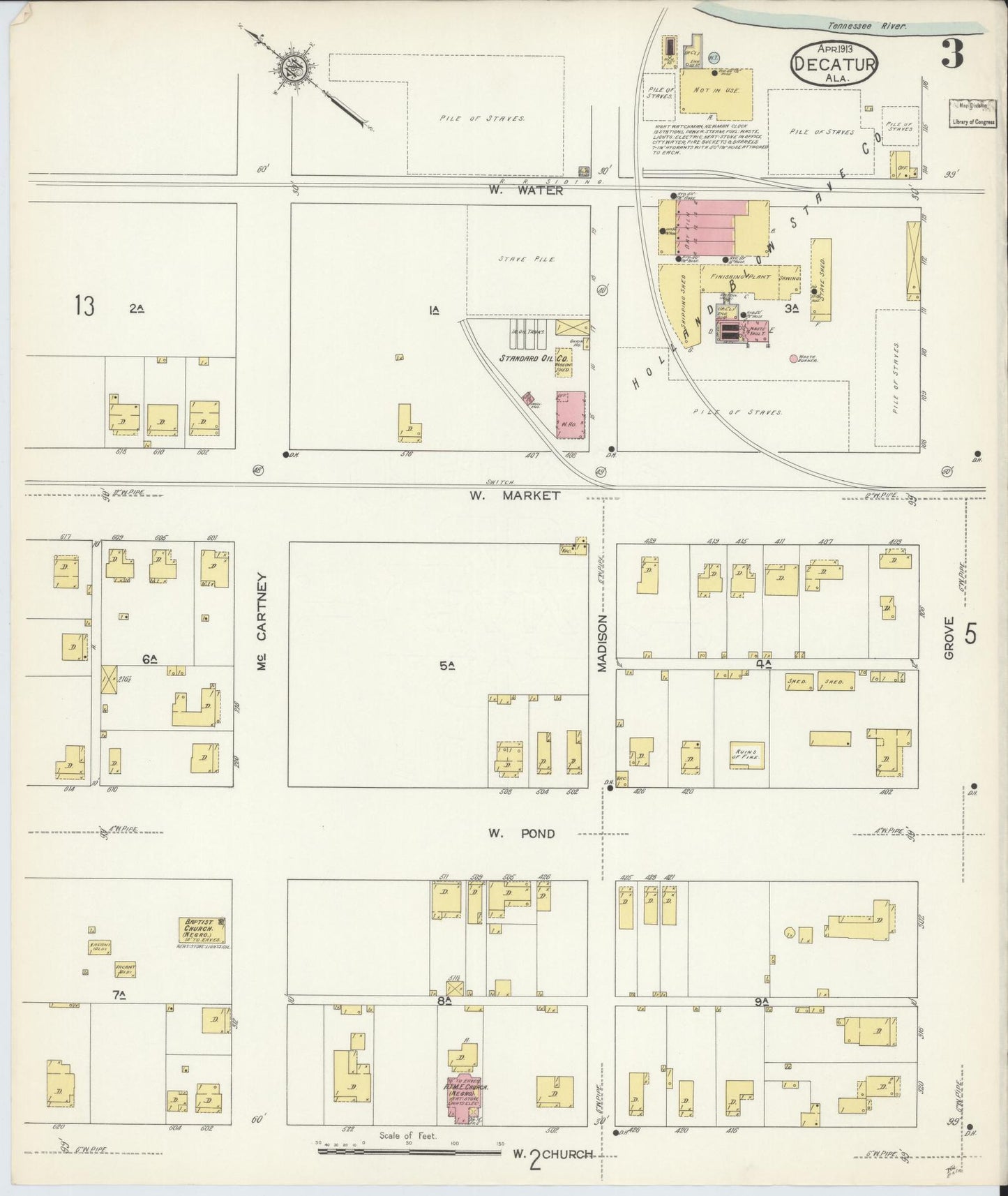 Sanborn Fire Insurance Map from Decatur, Morgan County, Alabama (1913), Sheet #0003 - Historic Sanborn Fire Insurance Map Print, vintage old map wall art, antique decor, genealogy gift, Alabama Alabama map