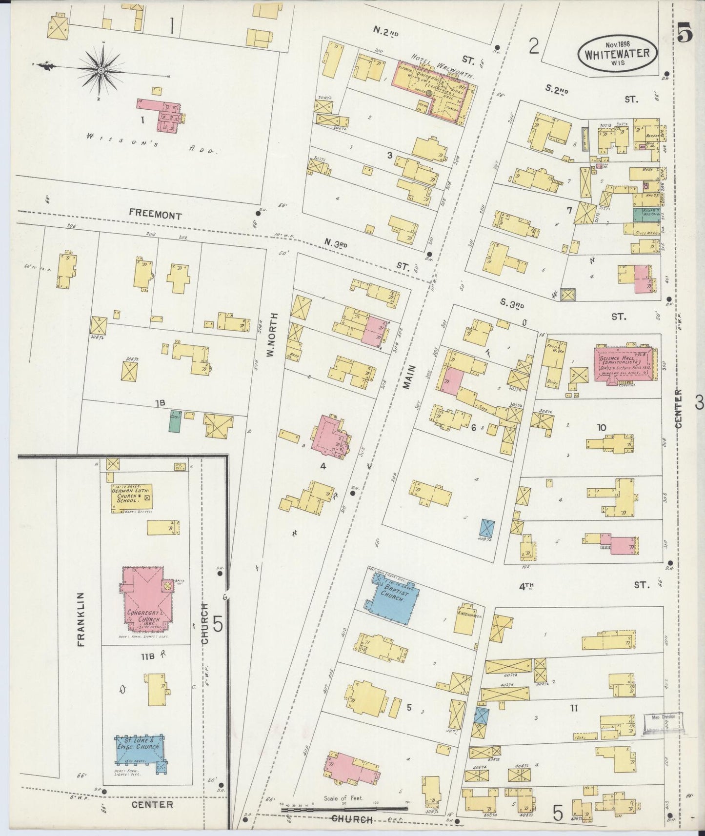 Sanborn Fire Insurance Map from Whitewater, Walworth County, Wisconsin (1898), Sheet #0005 - Historic Sanborn Fire Insurance Map Print, vintage old map wall art, antique decor, genealogy gift, Wisconsin Wisconsin map