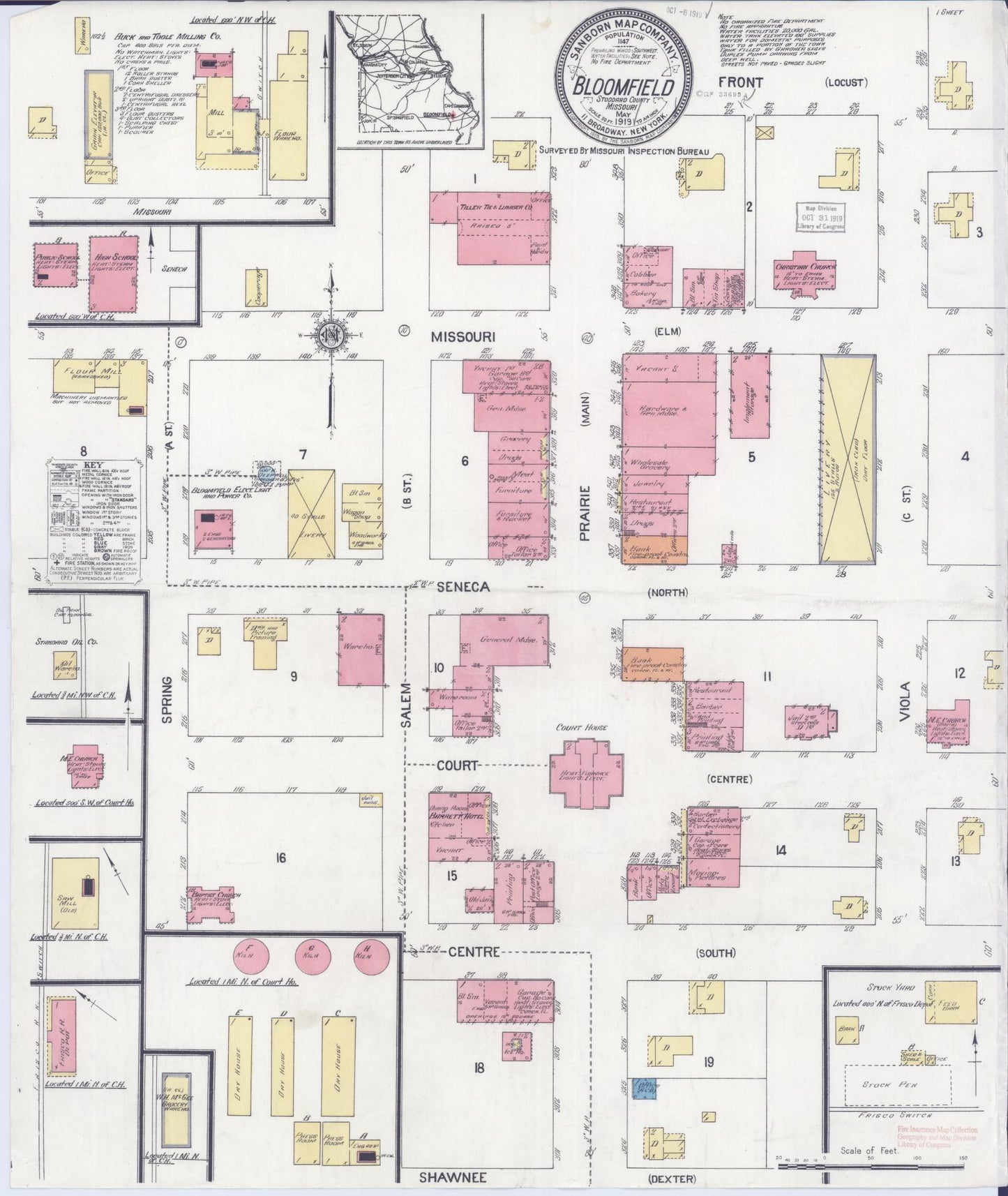 Sanborn Fire Insurance Map from Bloomfield, Stoddard County, Missouri (1919), Sheet #0001 - Historic Sanborn Fire Insurance Map Print, vintage old map wall art, antique decor, genealogy gift, Missouri Missouri map