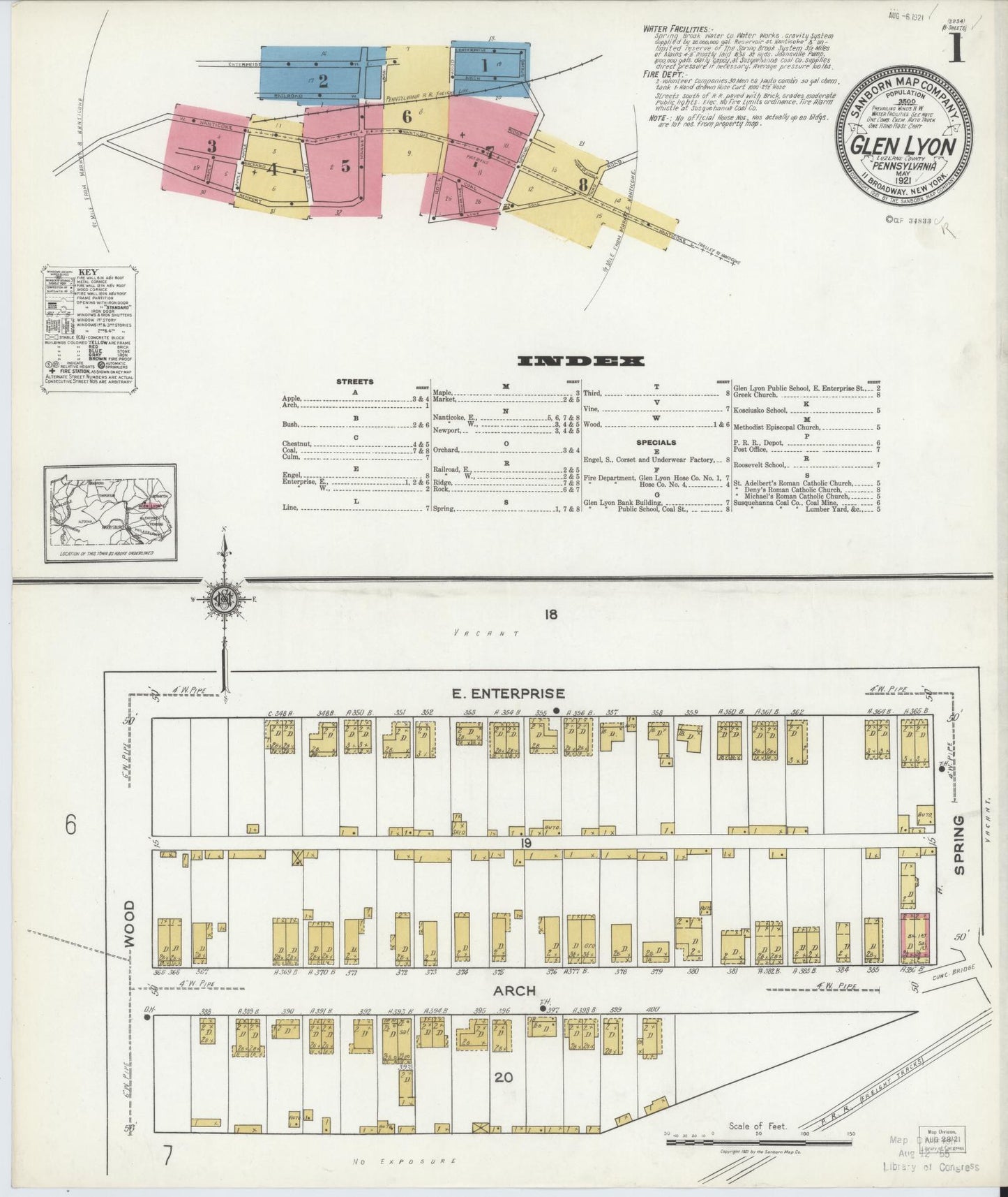 Sanborn Fire Insurance Map from Glen Lyon, Luzerne County, Pennsylvania (1921), Sheet #0001 - Historic Sanborn Fire Insurance Map Print, vintage old map wall art, antique decor, genealogy gift, Pennsylvania Pennsylvania map