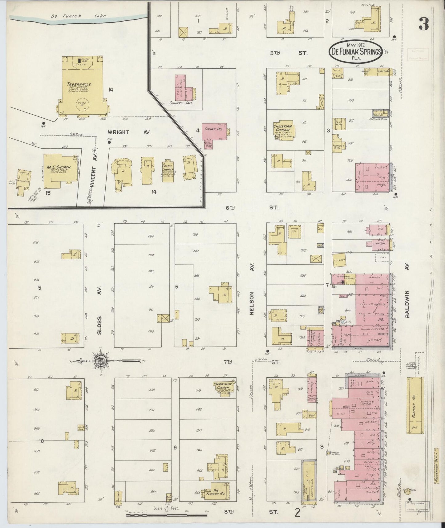 Sanborn Fire Insurance Map from De Funiak Springs, Walton County, Florida (1912), Sheet #0003 - Complete Map Set gallery image, historic Sanborn map, vintage wall art, Florida Florida