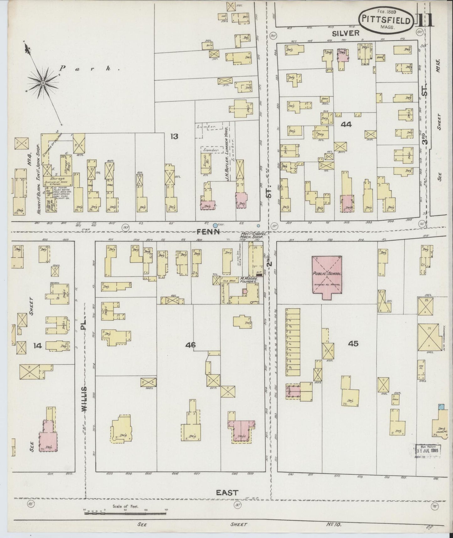 Sanborn Fire Insurance Map from Pittsfield, Berkshire County, Massachusetts (1889), Sheet #0011 - Historic Sanborn Fire Insurance Map Print, vintage old map wall art, antique decor, genealogy gift, Massachusetts Massachusetts map