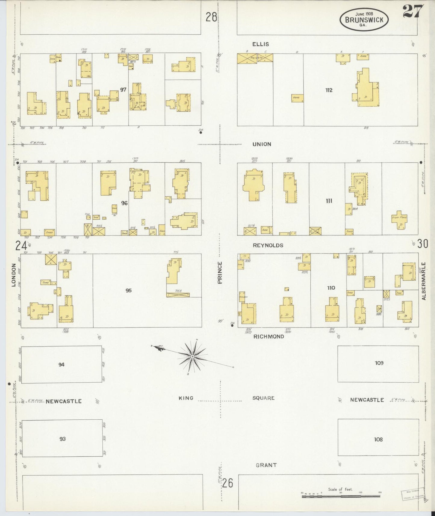 Sanborn Fire Insurance Map from Brunswick, Glynn County, Georgia (1908), Sheet #0027 - Historic Sanborn Fire Insurance Map Print, vintage old map wall art, antique decor, genealogy gift, Georgia Georgia map
