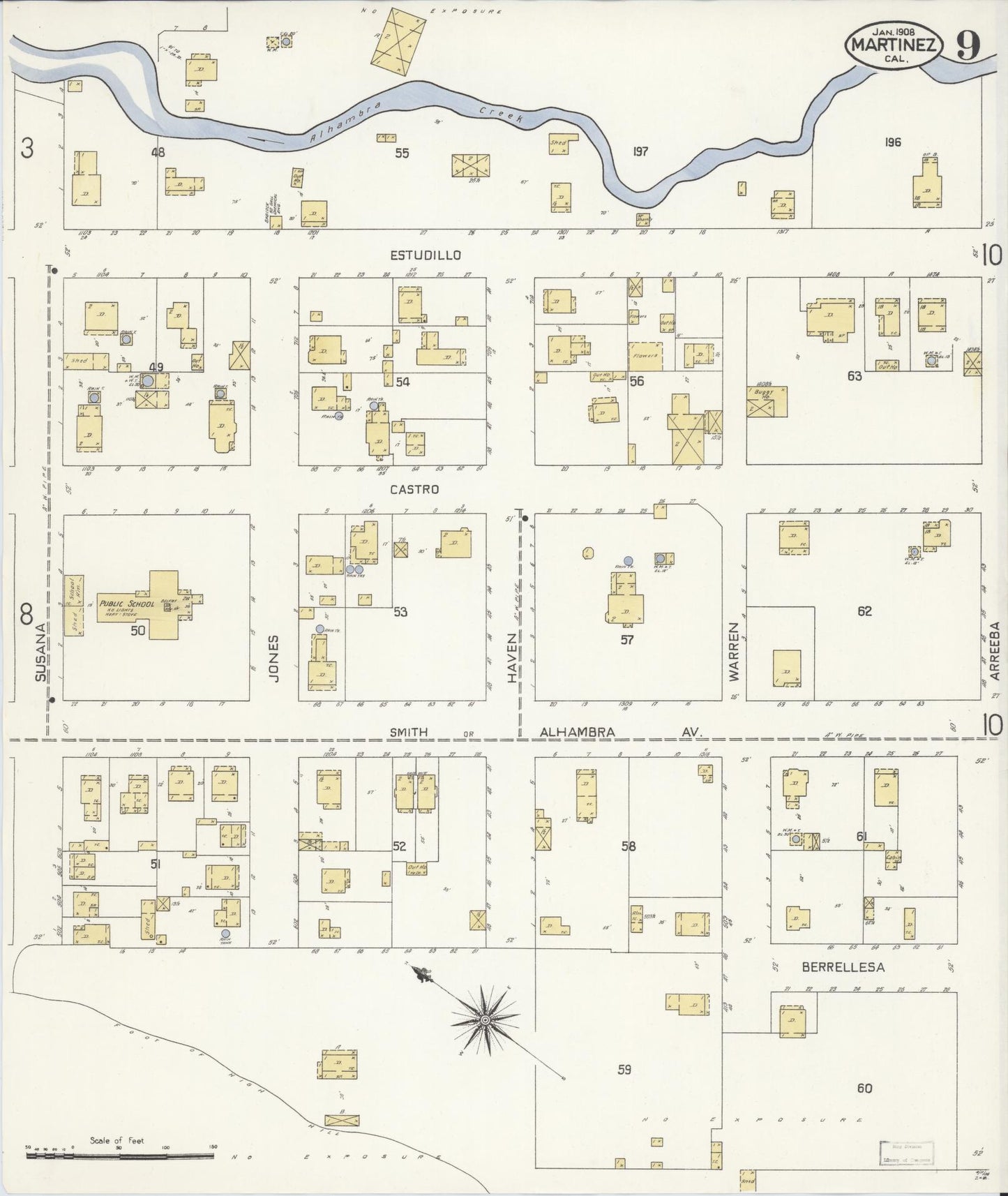 Sanborn Fire Insurance Map from Martinez, Contra Costa County, California (1908), Sheet #0009 - Historic Sanborn Fire Insurance Map Print, vintage old map wall art, antique decor, genealogy gift, California California map