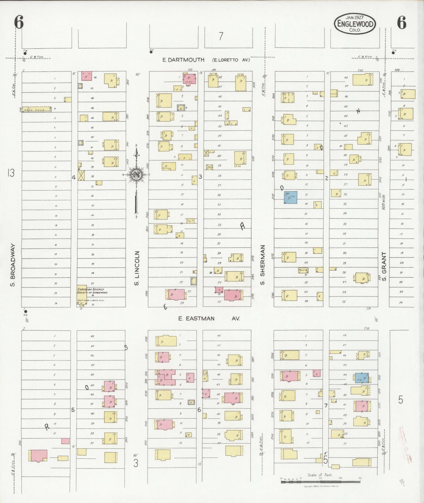 Sanborn Fire Insurance Map from Englewood, Arapahoe County, Colorado (1927), Sheet #0006 - Historic Sanborn Fire Insurance Map Print, vintage old map wall art, antique decor, genealogy gift, Colorado Colorado map