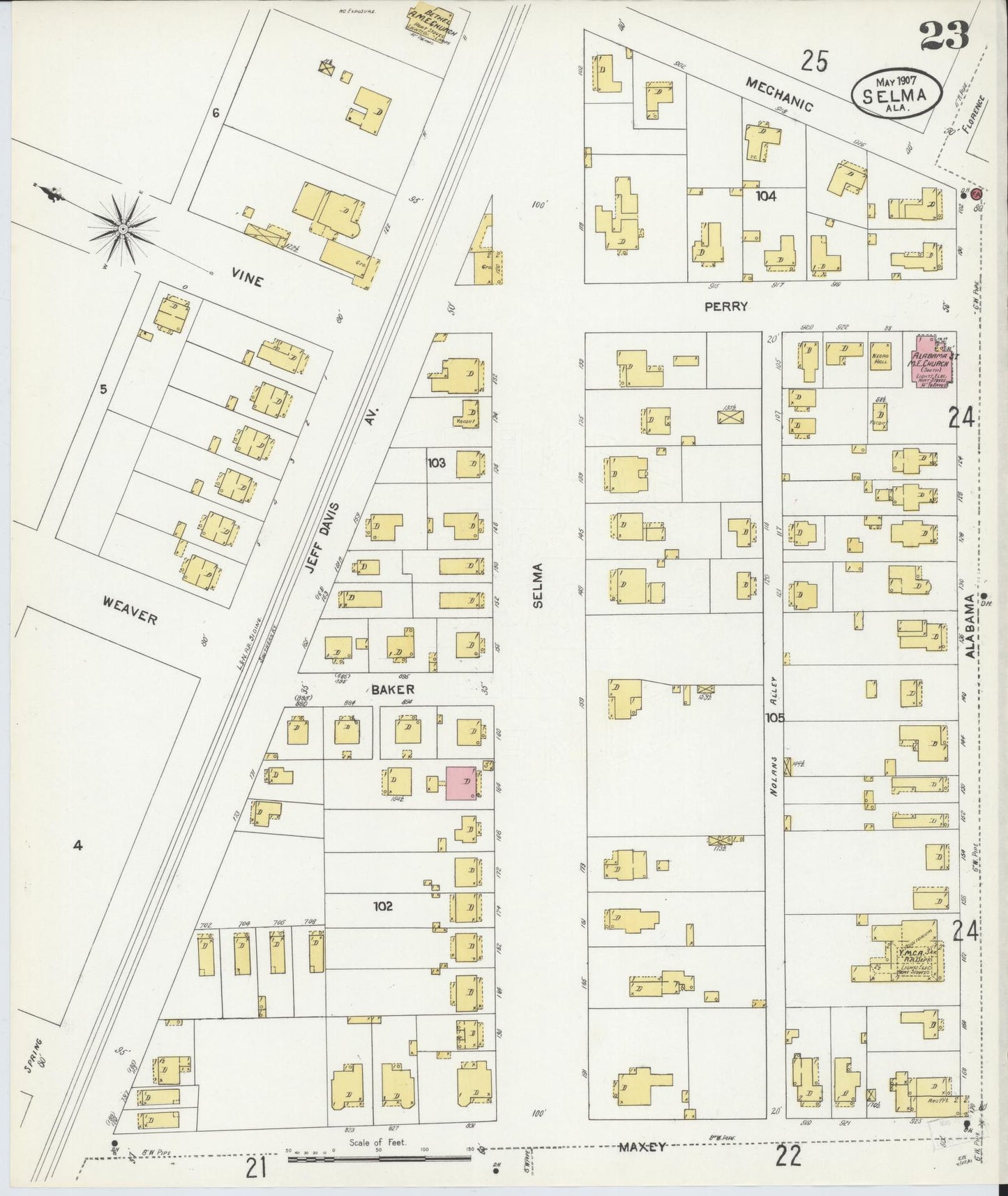 Sanborn Fire Insurance Map from Selma, Dallas County, Alabama (1907), Sheet #0023 - Historic Sanborn Fire Insurance Map Print, vintage old map wall art, antique decor, genealogy gift, Alabama Alabama map
