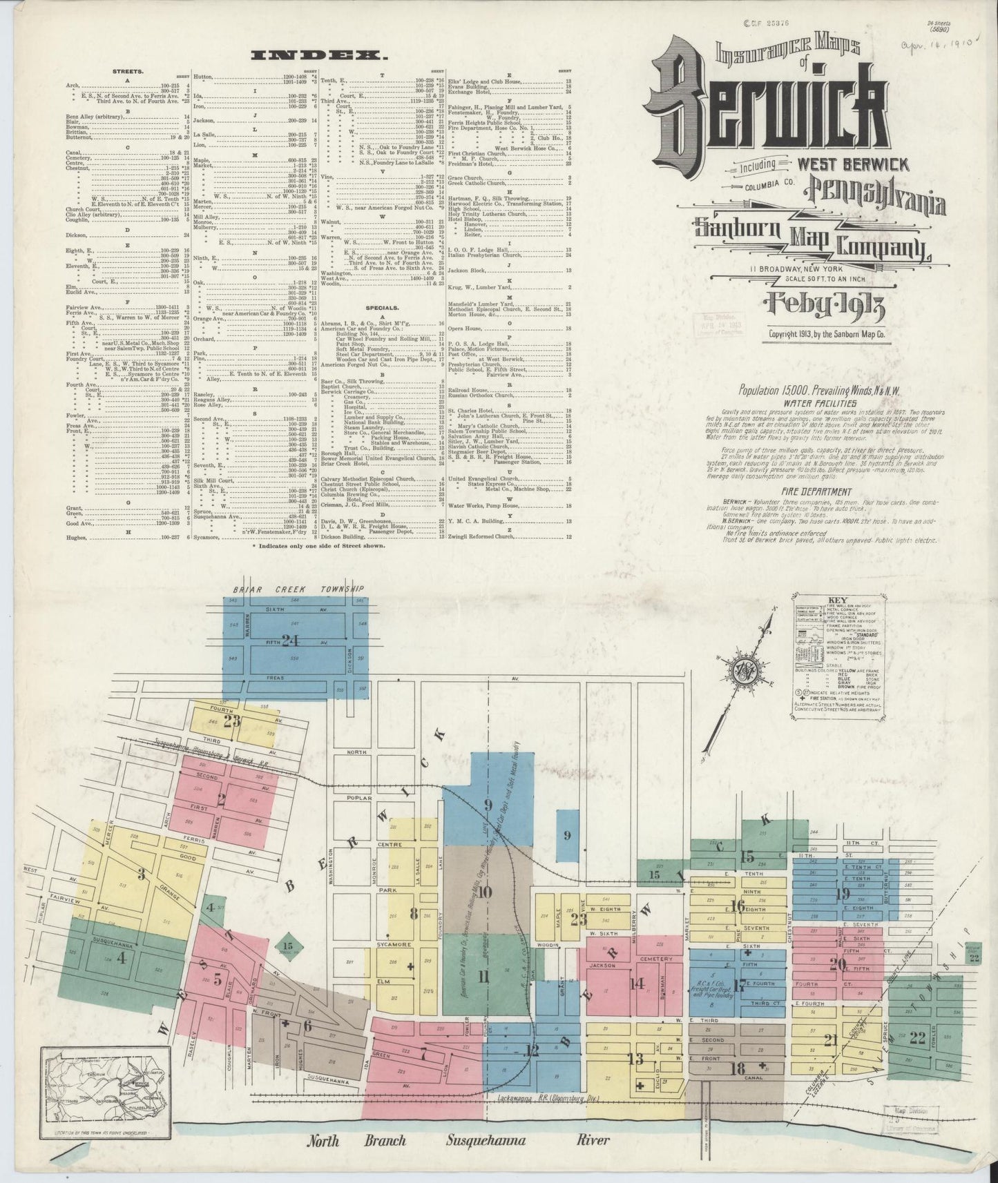 Sanborn Fire Insurance Map from Berwick, Columbia County, Pennsylvania (1913), Sheet #0001 - Historic Sanborn Fire Insurance Map Print, vintage old map wall art, antique decor, genealogy gift, Pennsylvania Pennsylvania map