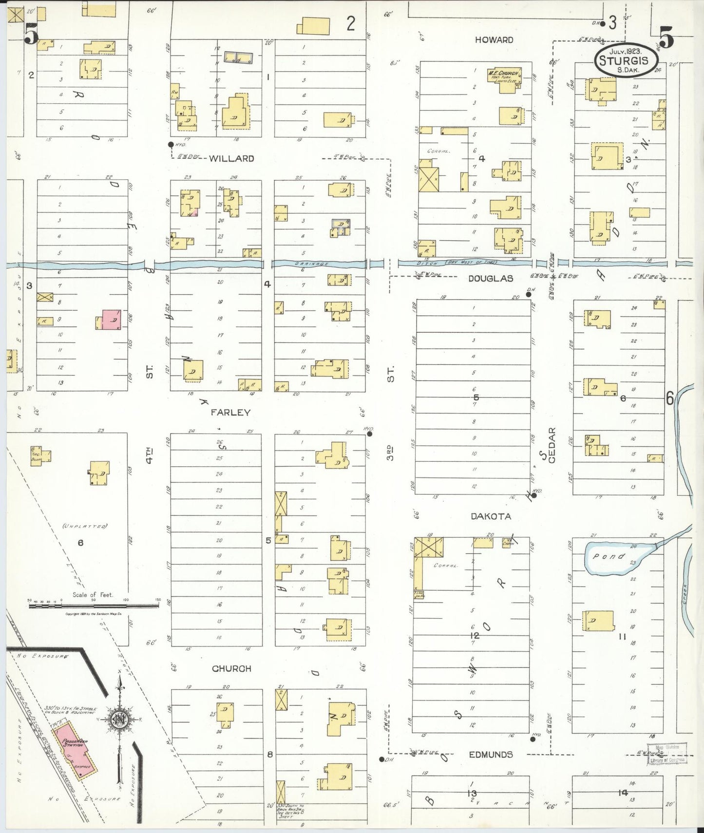 Sanborn Fire Insurance Map from Sturgis, Meade County, South Dakota (1923), Sheet #0005 - Historic Sanborn Fire Insurance Map Print, vintage old map wall art, antique decor, genealogy gift, South Dakota South Dakota map