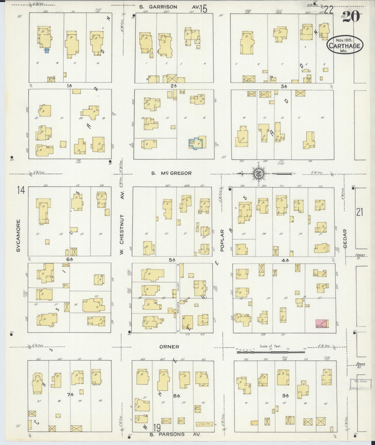 Sanborn Fire Insurance Map from Carthage, Jasper County, Missouri (1915), Sheet #0020 - Historic Sanborn Fire Insurance Map Print, vintage old map wall art, antique decor, genealogy gift, Missouri Missouri map