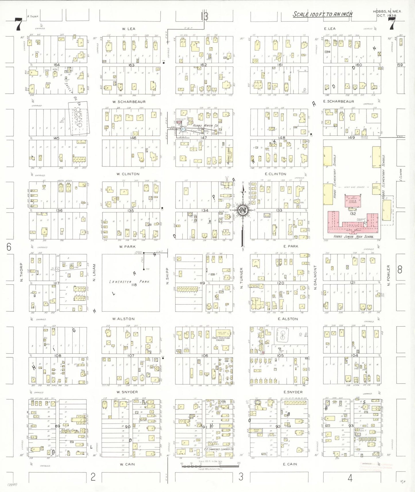 Sanborn Fire Insurance Map from Hobbs, Lea County, New Mexico (1938), Sheet #0007 - Historic Sanborn Fire Insurance Map Print, vintage old map wall art, antique decor, genealogy gift, New Mexico New Mexico map