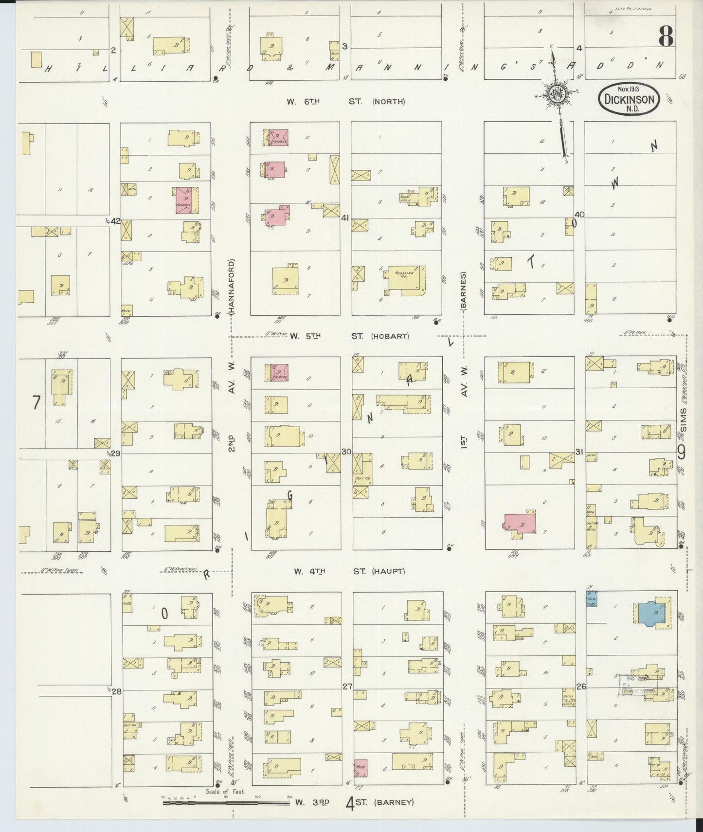 Sanborn Fire Insurance Map from Dickinson, Stark County, North Dakota (1913), Sheet #0008 - Historic Sanborn Fire Insurance Map Print, vintage old map wall art, antique decor, genealogy gift, North Dakota North Dakota map