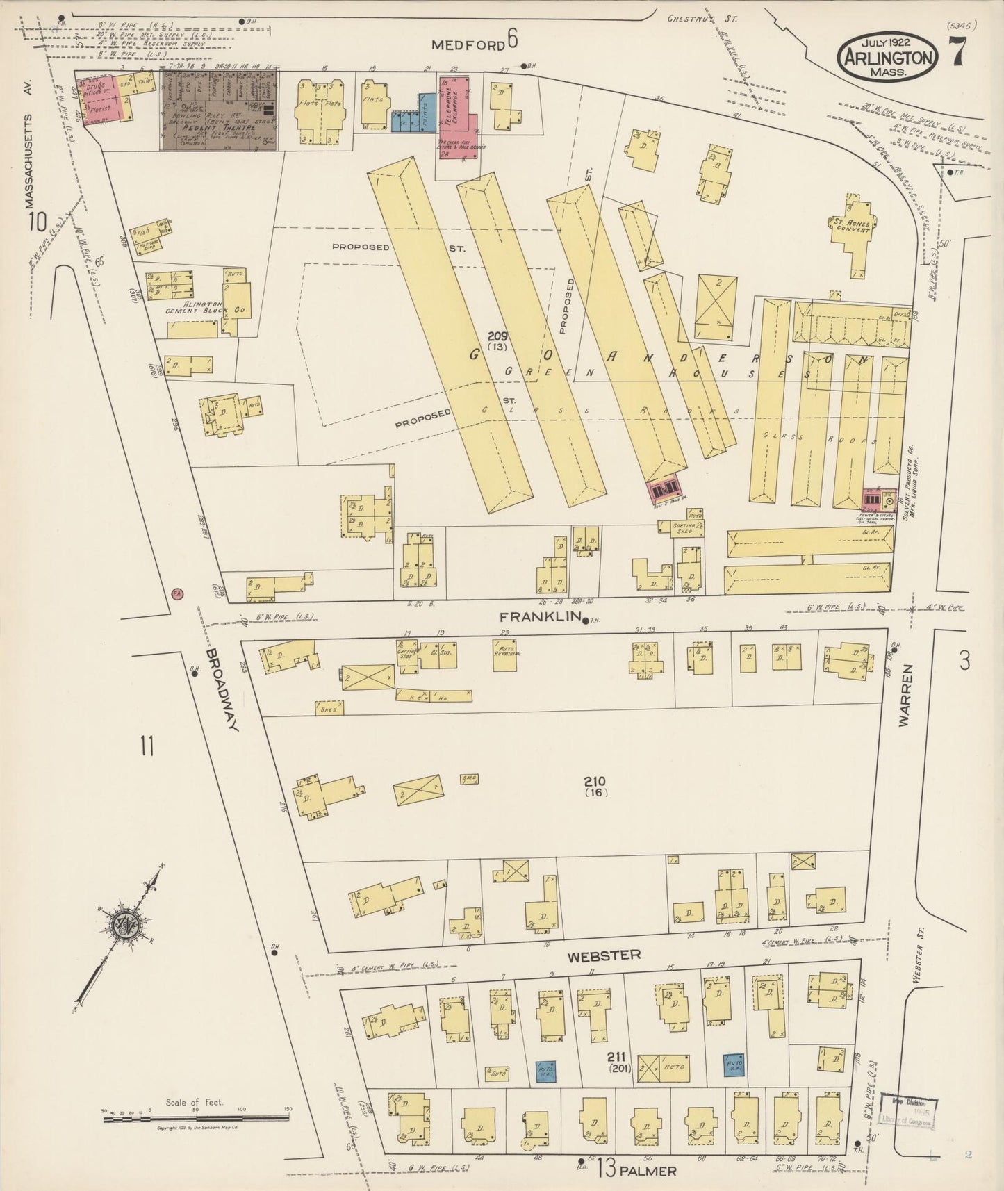 Sanborn Fire Insurance Map from Arlington, Middlesex County, Massachusetts (1922), Sheet #0007 - Historic Sanborn Fire Insurance Map Print, vintage old map wall art, antique decor, genealogy gift, Massachusetts Massachusetts map