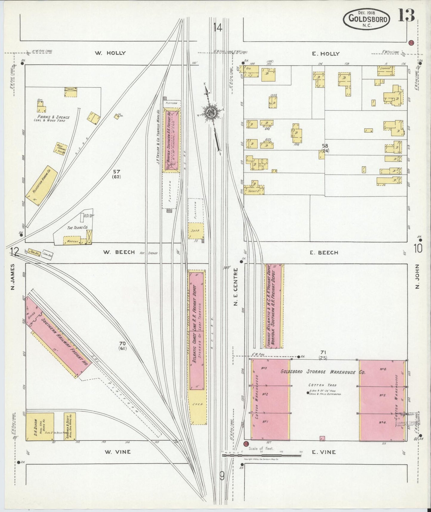 Sanborn Fire Insurance Map from Goldsboro, Wayne County, North Carolina (1918), Sheet #0013 - Historic Sanborn Fire Insurance Map Print, vintage old map wall art, antique decor, genealogy gift, North Carolina North Carolina map