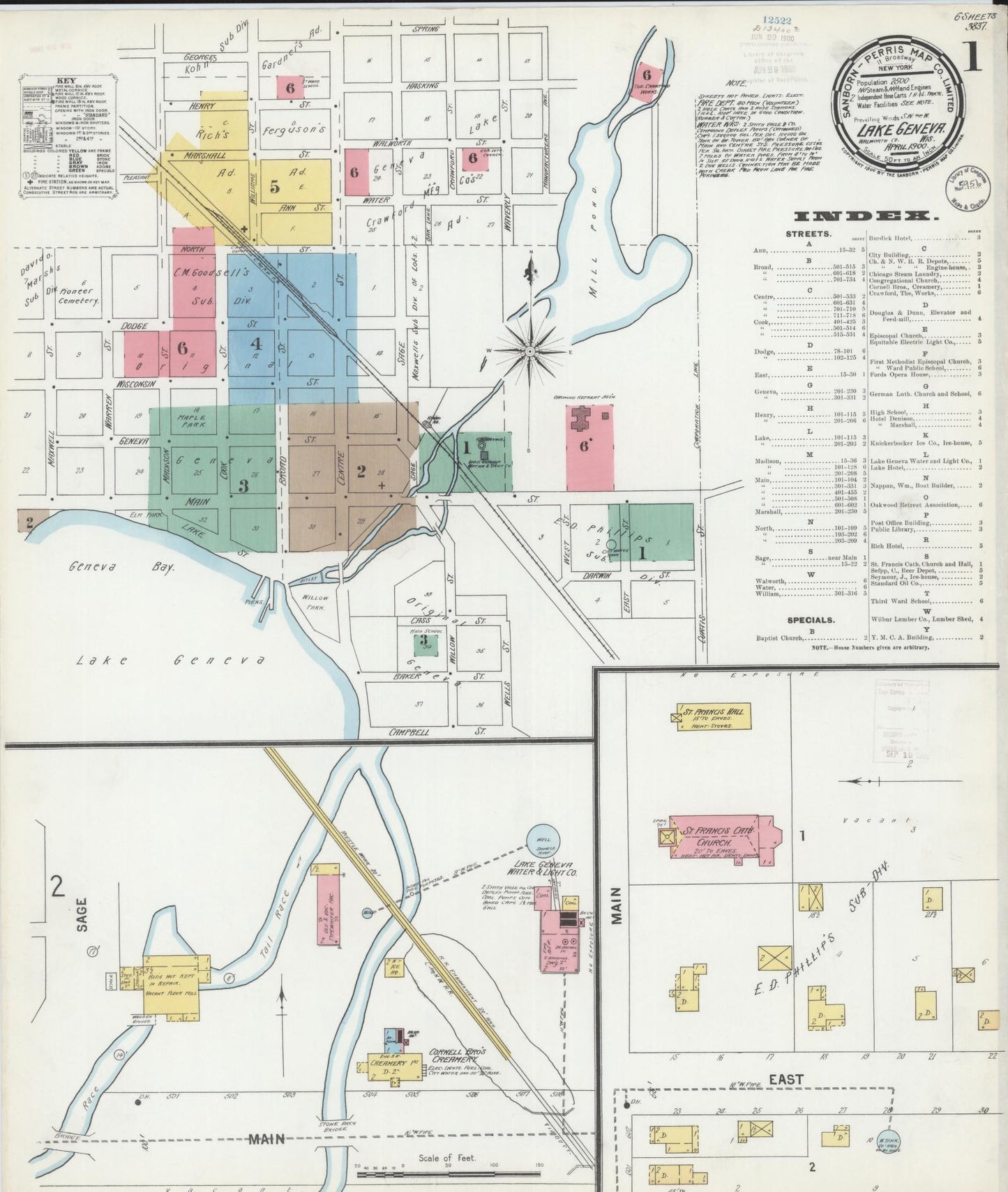 Sanborn Fire Insurance Map from Lake Geneva, Walworth County, Wisconsin (1900), Sheet #0001 - Historic Sanborn Fire Insurance Map Print, vintage old map wall art, antique decor, genealogy gift, Wisconsin Wisconsin map
