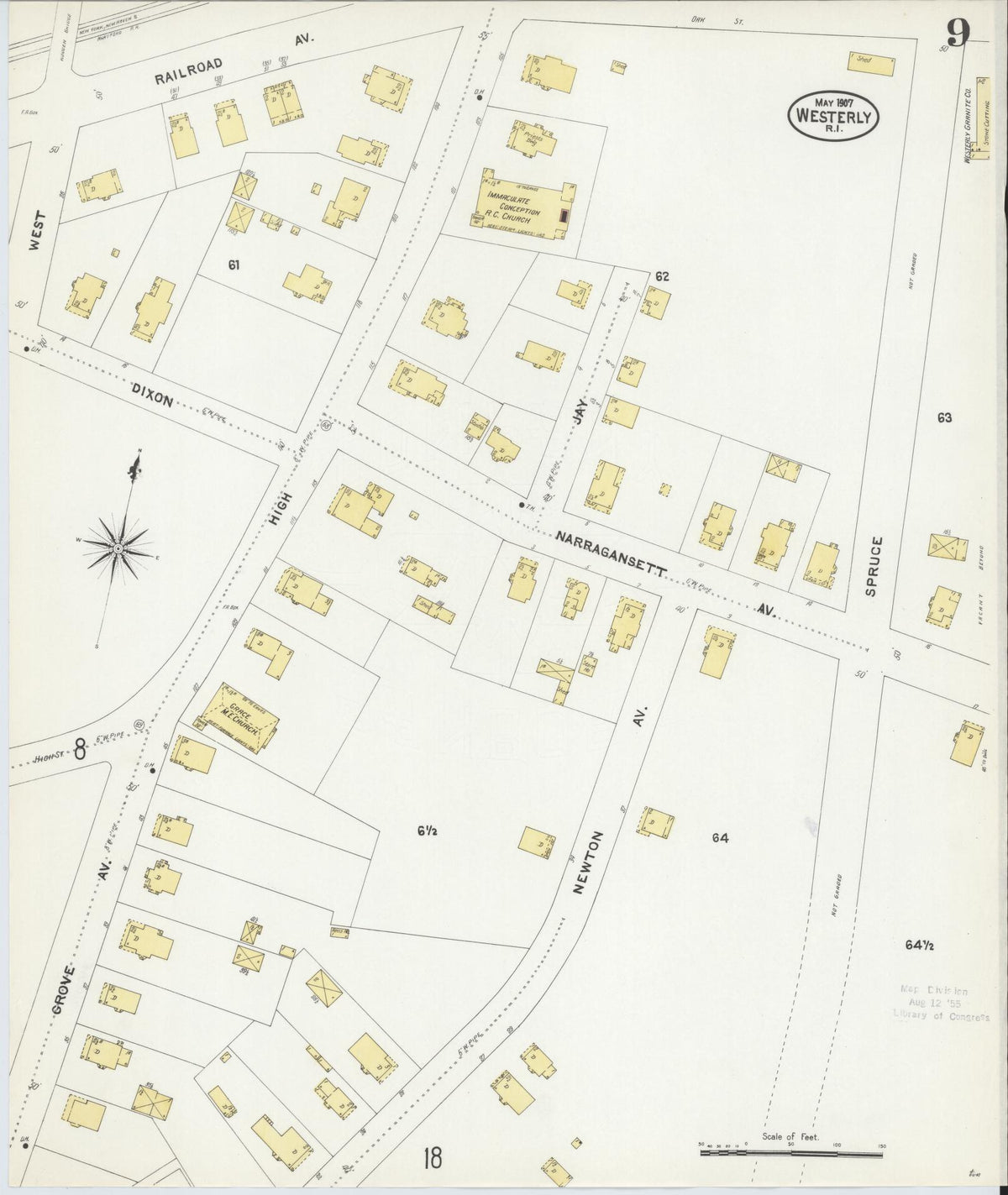 Sanborn Fire Insurance Map from Westerly, Washington County, Rhode Island (1907), Sheet #0009 - Historic Sanborn Fire Insurance Map Print, vintage old map wall art, antique decor, genealogy gift, Rhode Island Rhode Island map