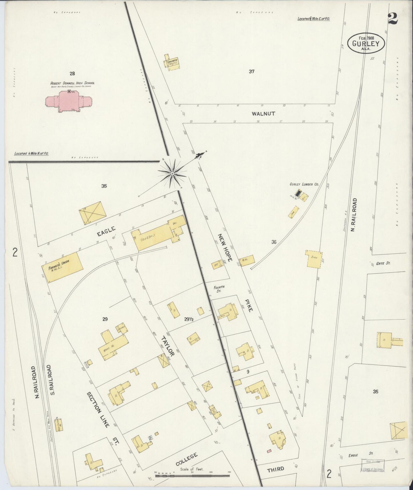 Sanborn Fire Insurance Map from Gurley, Madison County, Alabama (1908), Sheet #0002 - Historic Sanborn Fire Insurance Map Print, vintage old map wall art, antique decor, genealogy gift, Alabama Alabama map