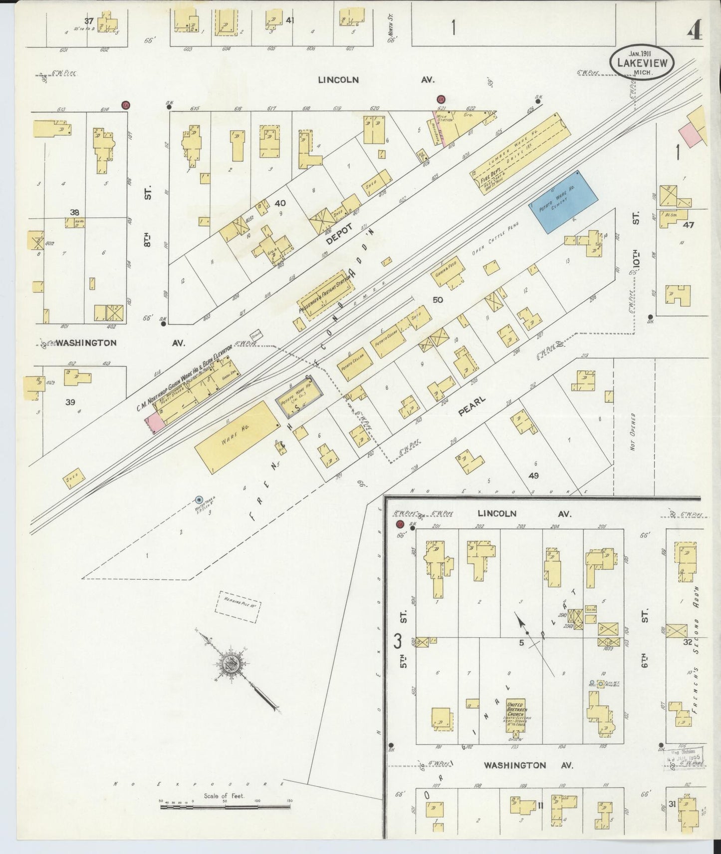 Sanborn Fire Insurance Map from Lakeview, Montcalm County, Michigan (1911), Sheet #0004 - Complete Map Set gallery image, historic Sanborn map, vintage wall art, Michigan Michigan