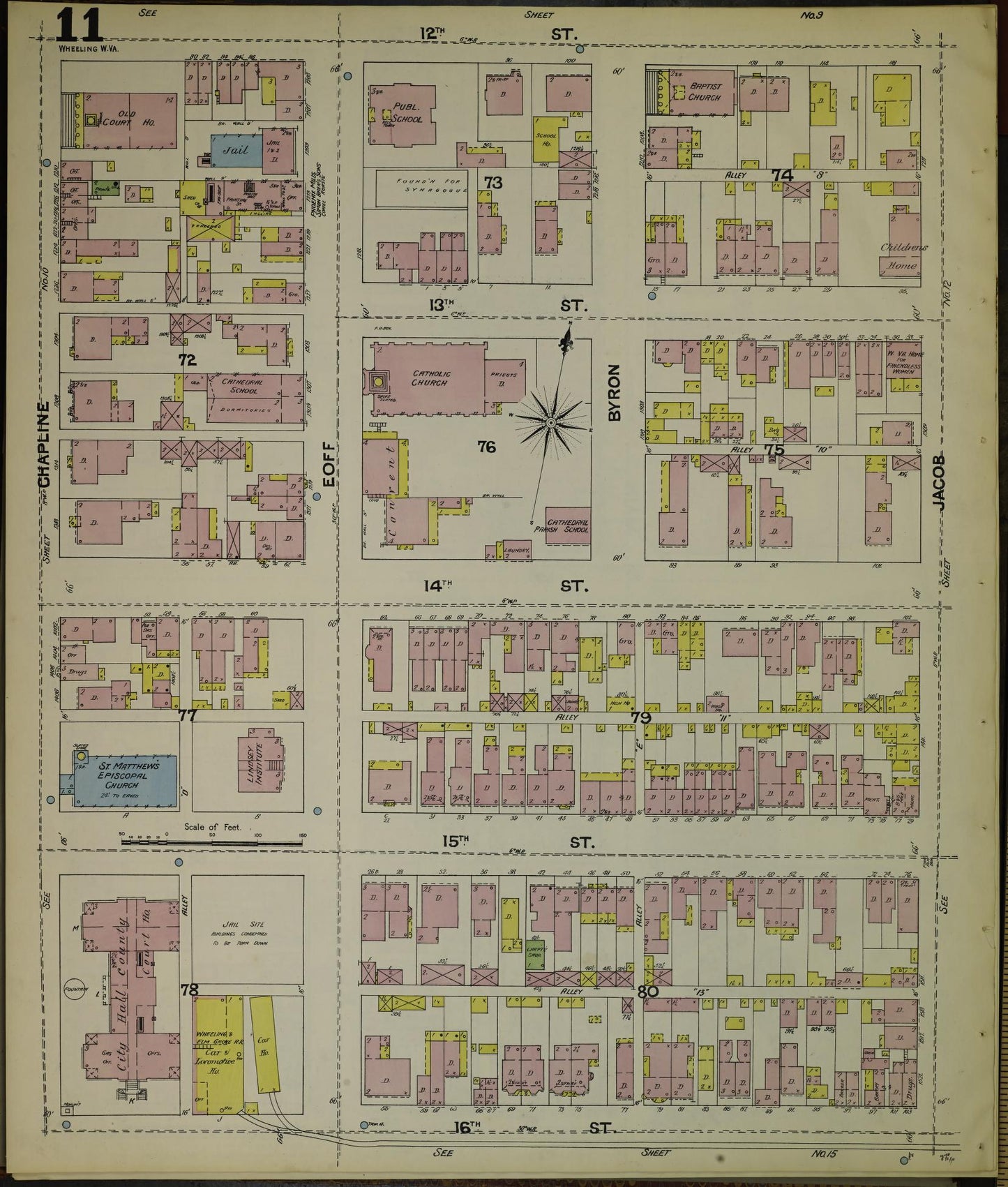 Sanborn Fire Insurance Map from Wheeling, Ohio County, West Virginia (1890), Sheet #0011 - Historic Sanborn Fire Insurance Map Print, vintage old map wall art, antique decor, genealogy gift, West Virginia West Virginia map