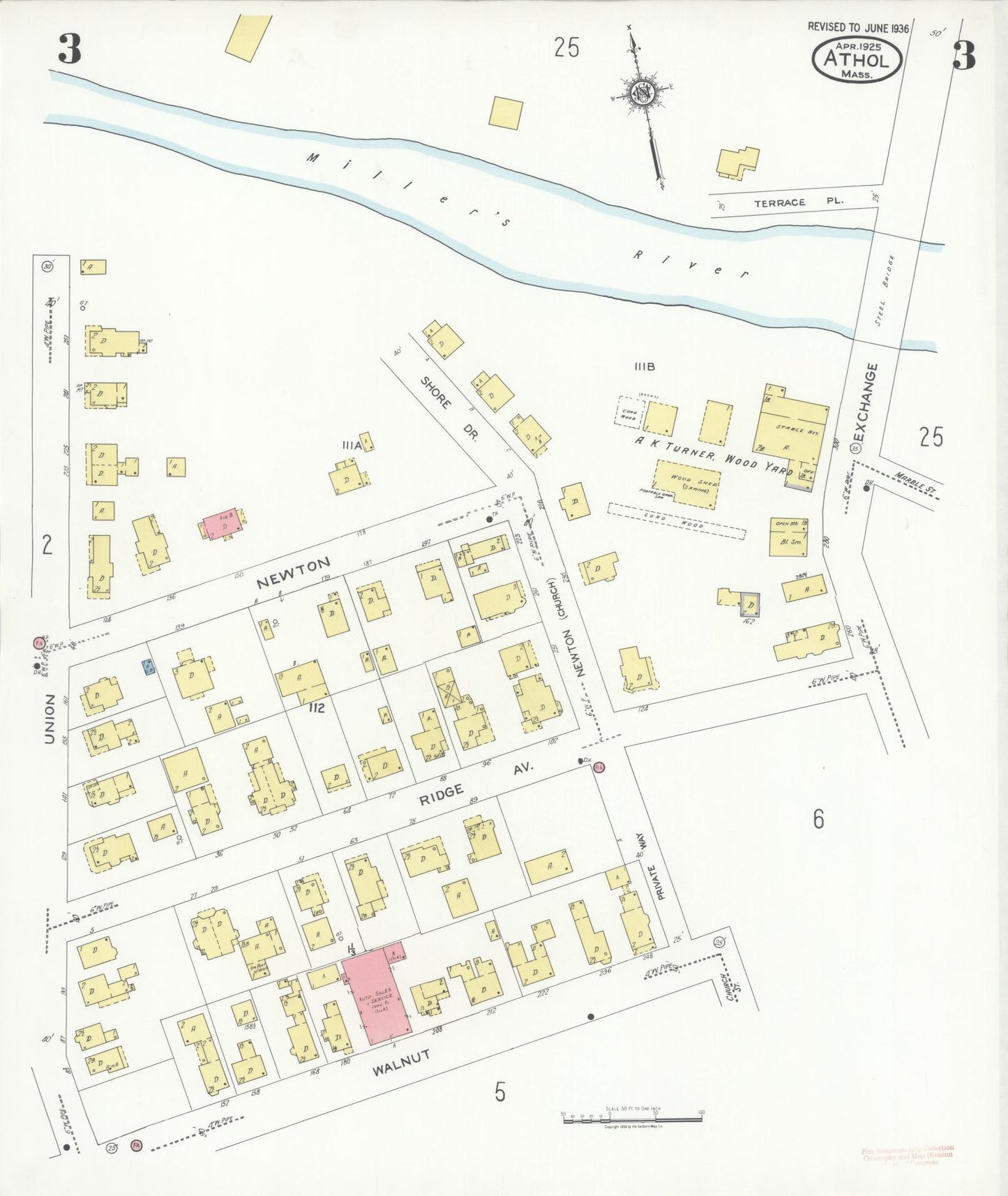 Sanborn Fire Insurance Map from Athol, Worcester County, Massachusetts (1936), Sheet #0003 - Historic Sanborn Fire Insurance Map Print, vintage old map wall art, antique decor, genealogy gift, Massachusetts Massachusetts map