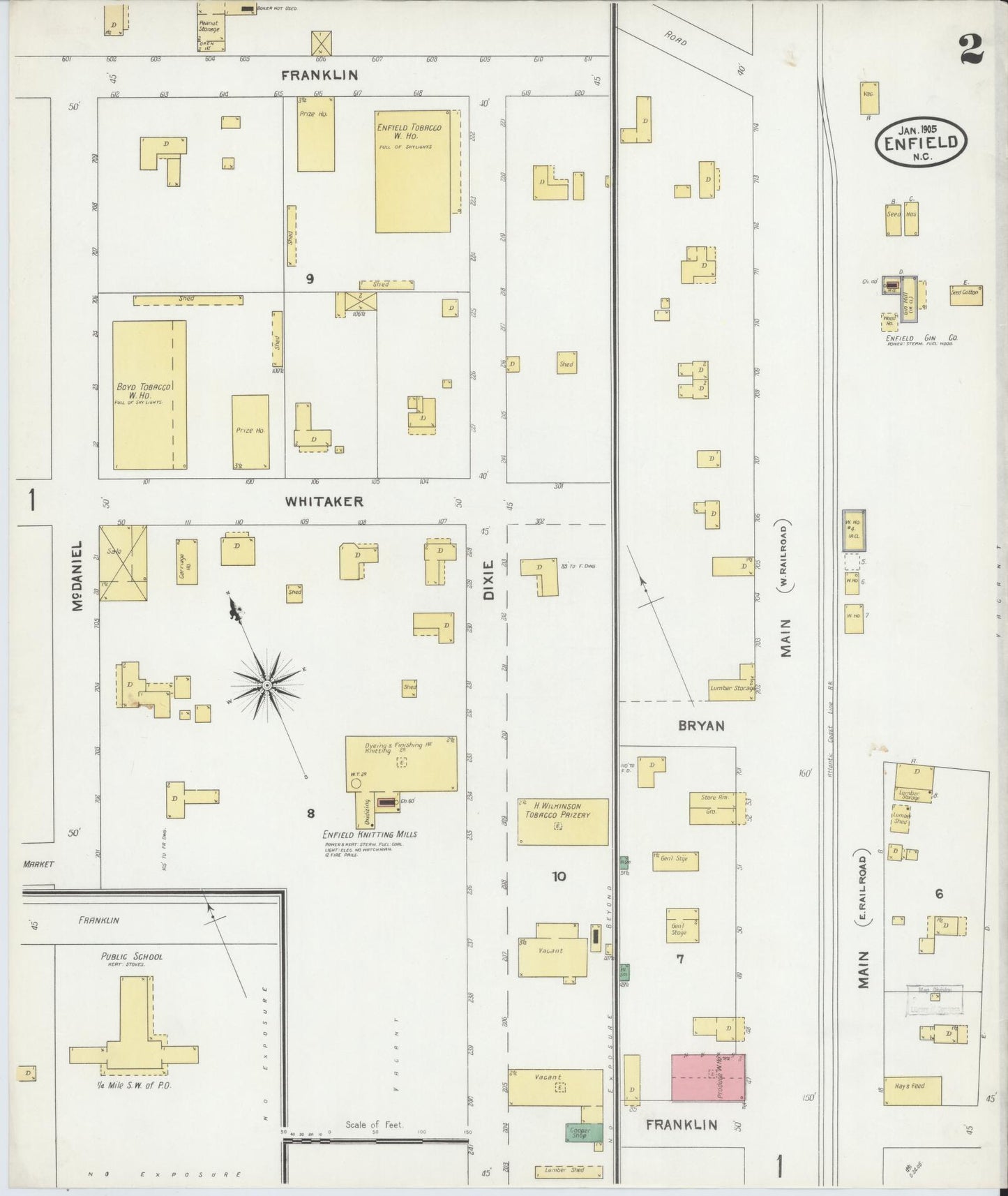 Sanborn Fire Insurance Map from Enfield, Halifax County, North Carolina (1905), Sheet #0002 - Historic Sanborn Fire Insurance Map Print, vintage old map wall art, antique decor, genealogy gift, North Carolina North Carolina map