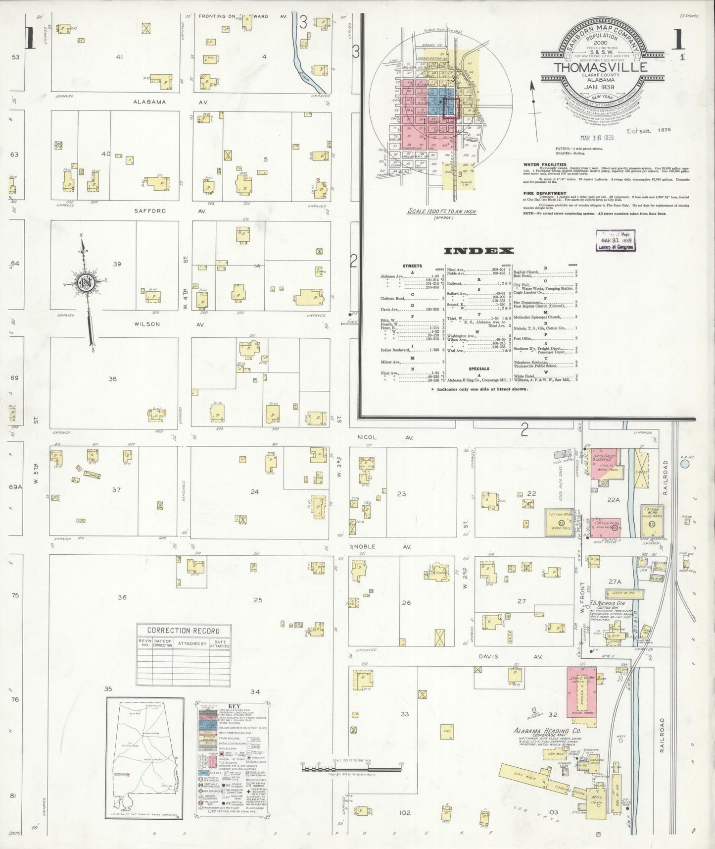 Sanborn Fire Insurance Map from Thomasville, Clarke County, Alabama (1939), Sheet #0001 - Historic Sanborn Fire Insurance Map Print, vintage old map wall art, antique decor, genealogy gift, Alabama Alabama map