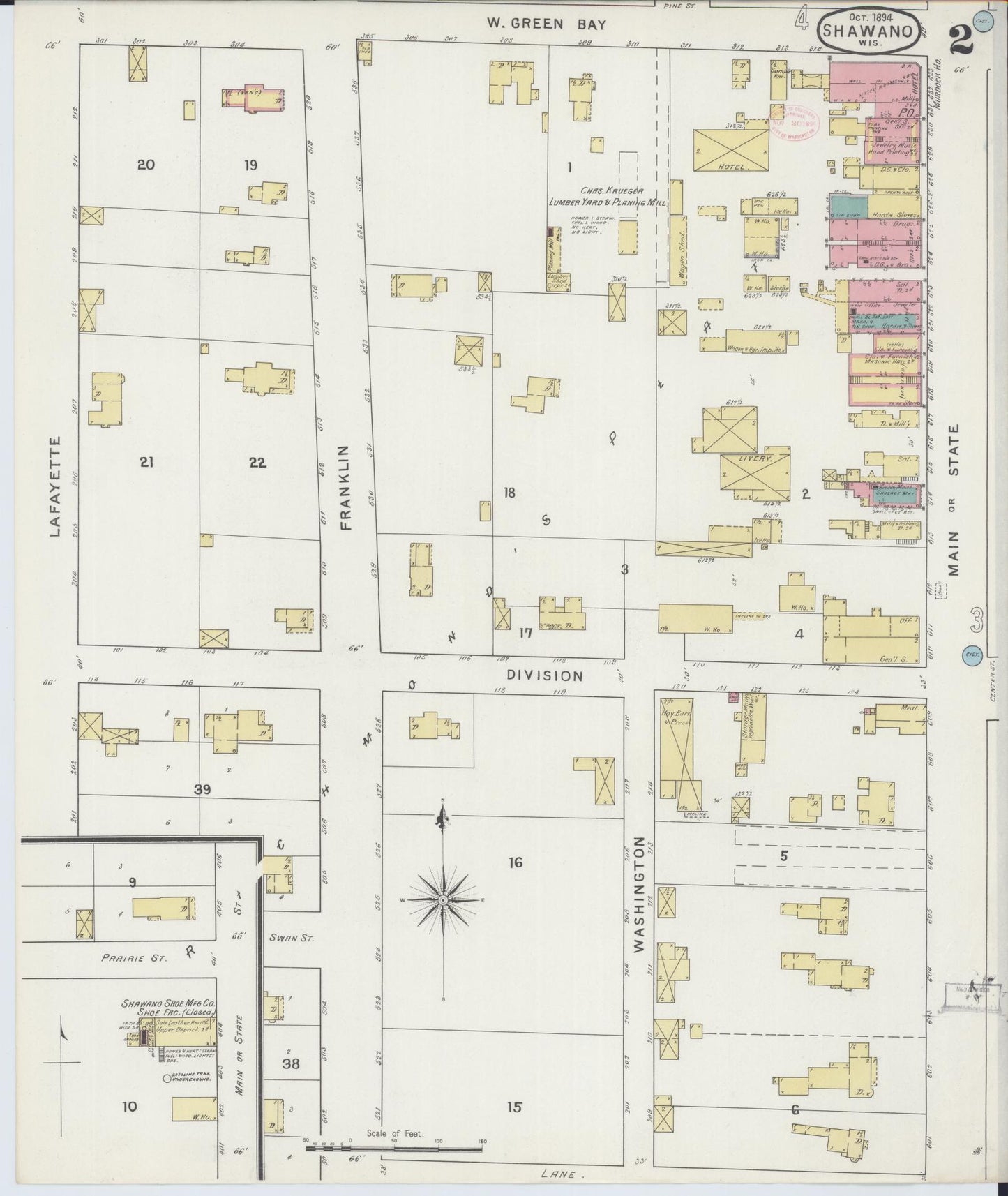 Sanborn Fire Insurance Map from Shawano, Shawano County, Wisconsin (1894), Sheet #0002 - Historic Sanborn Fire Insurance Map Print, vintage old map wall art, antique decor, genealogy gift, Wisconsin Wisconsin map