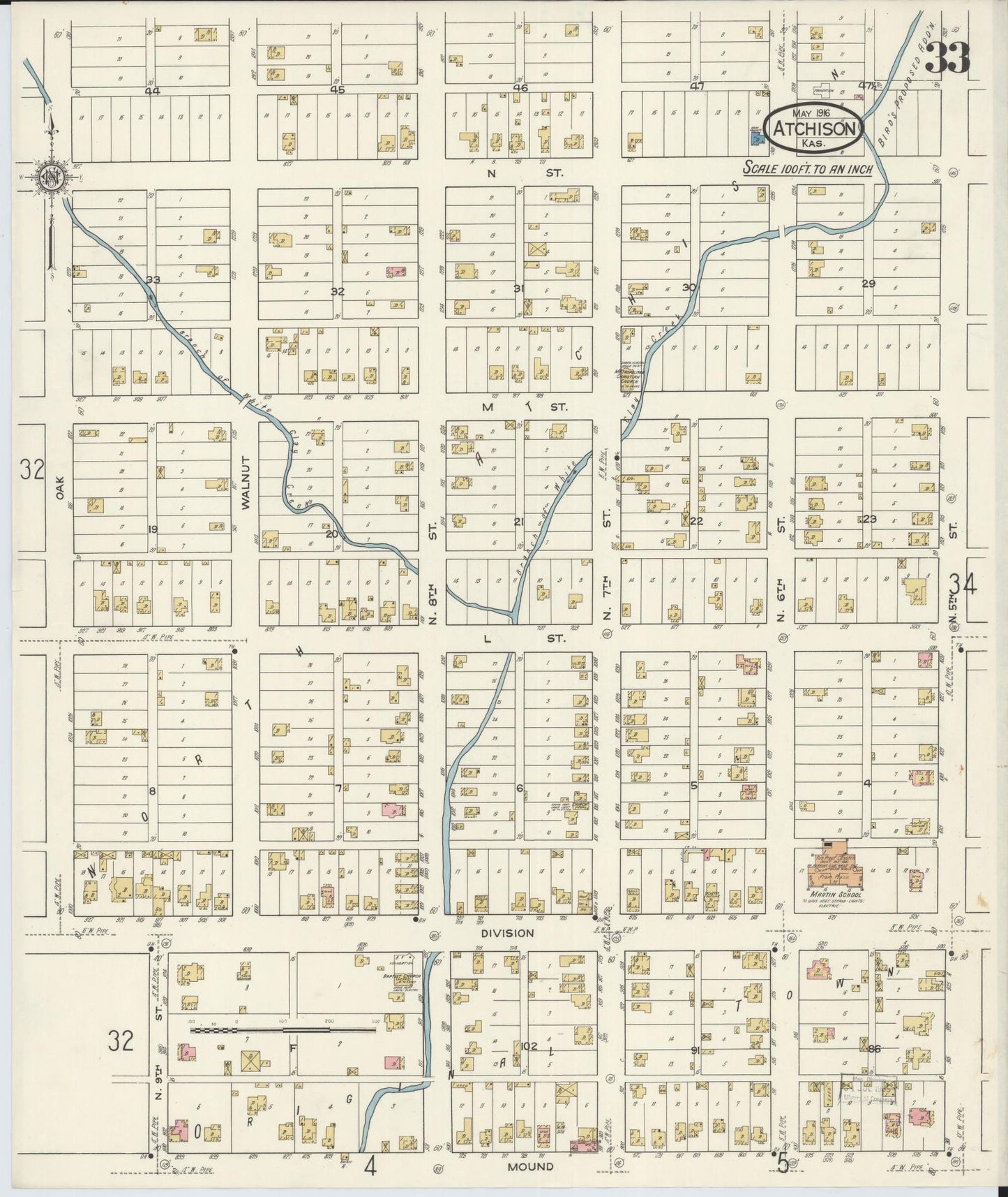 Sanborn Fire Insurance Map from Atchison, Atchison County, Kansas (1916), Sheet #0033 - Historic Sanborn Fire Insurance Map Print, vintage old map wall art, antique decor, genealogy gift, Kansas Kansas map
