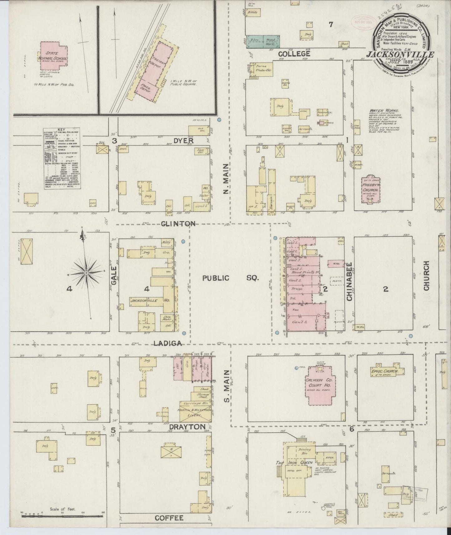 Sanborn Fire Insurance Map from Jacksonville, Calhoun County, Alabama (1889), Sheet #0001 - Historic Sanborn Fire Insurance Map Print, vintage old map wall art, antique decor, genealogy gift, Alabama Alabama map