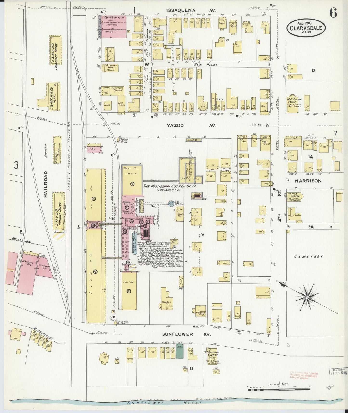 Sanborn Fire Insurance Map from Clarksdale, Coahoma County, Mississippi (1909), Sheet #0006 - Historic Sanborn Fire Insurance Map Print, vintage old map wall art, antique decor, genealogy gift, Mississippi Mississippi map