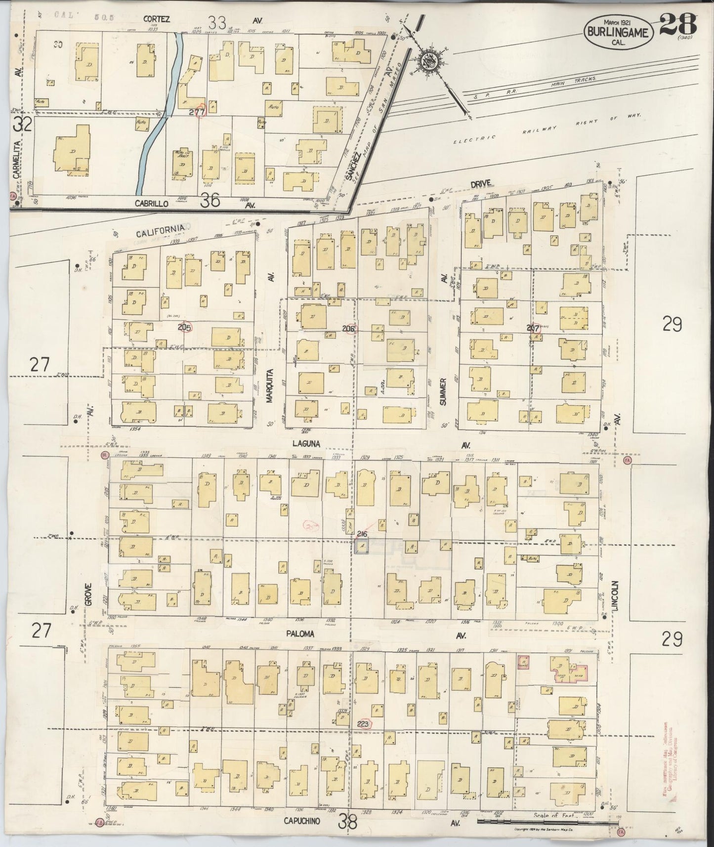 Sanborn Fire Insurance Map from Burlingame, San Mateo County, California (1949), Sheet #0028 - Historic Sanborn Fire Insurance Map Print, vintage old map wall art, antique decor, genealogy gift, California California map