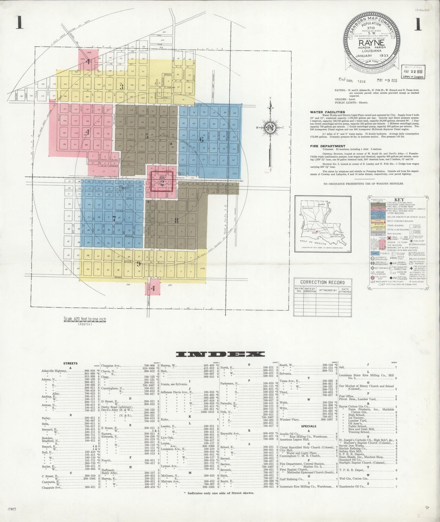 Sanborn Fire Insurance Map from Rayne, Acadia Parish, Louisiana (1933), Sheet #0001 - Historic Sanborn Fire Insurance Map Print, vintage old map wall art, antique decor, genealogy gift, Louisiana Louisiana map