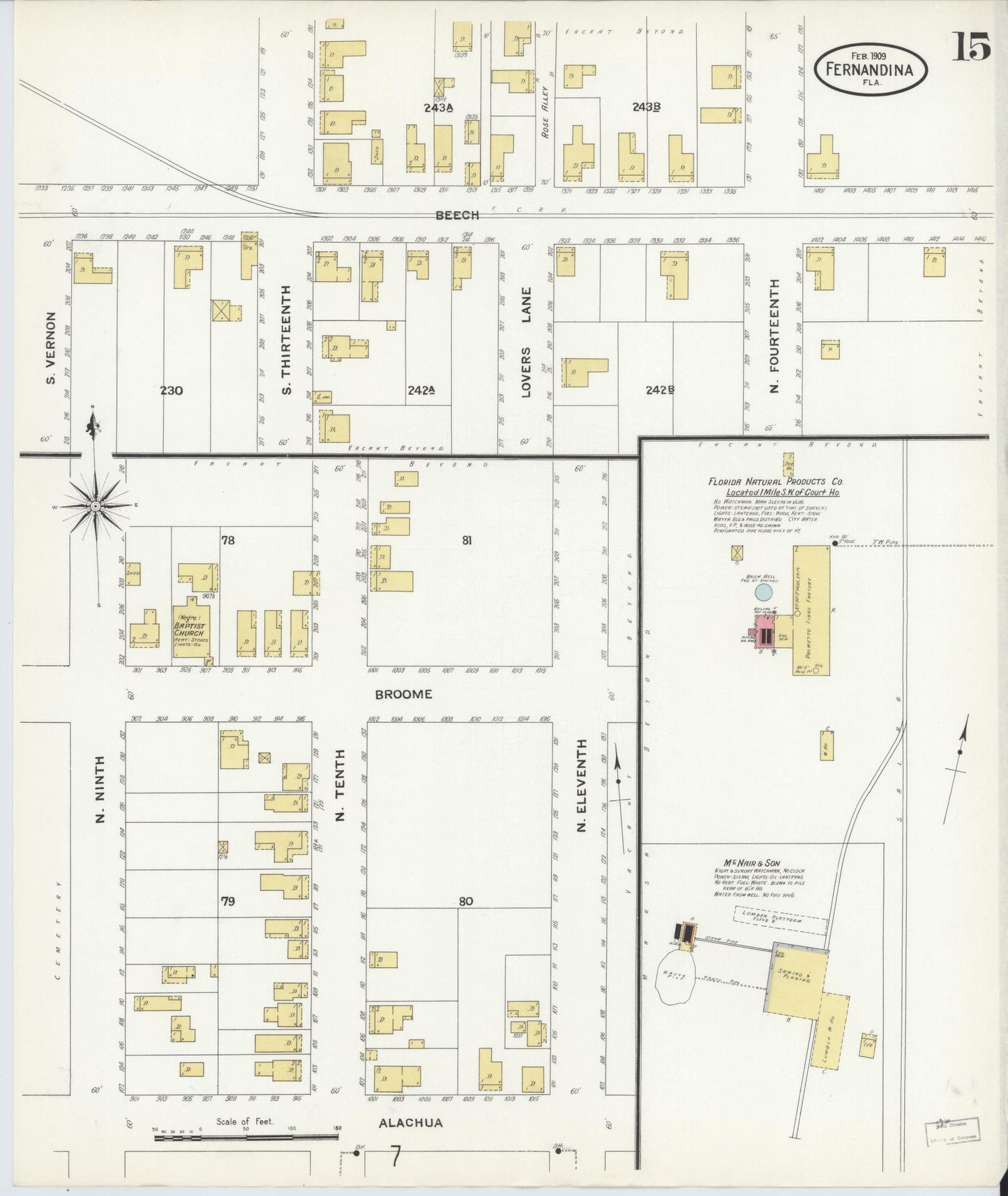 Sanborn Fire Insurance Map from Fernandina, Nassau County, Florida (1909), Sheet #0015 - Historic Sanborn Fire Insurance Map Print, vintage old map wall art, antique decor, genealogy gift, Florida Florida map