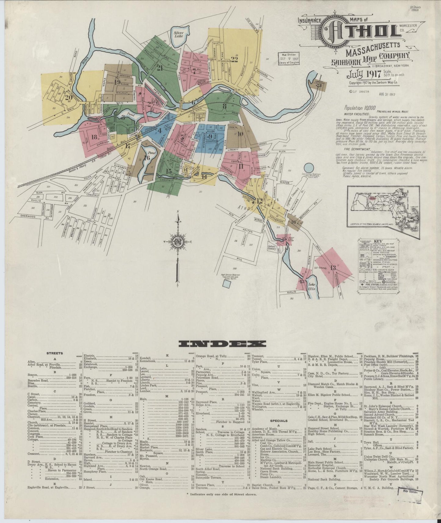 Sanborn Fire Insurance Map from Athol, Worcester County, Massachusetts. (1917) – Historic Sanborn Fire Insurance Map Print