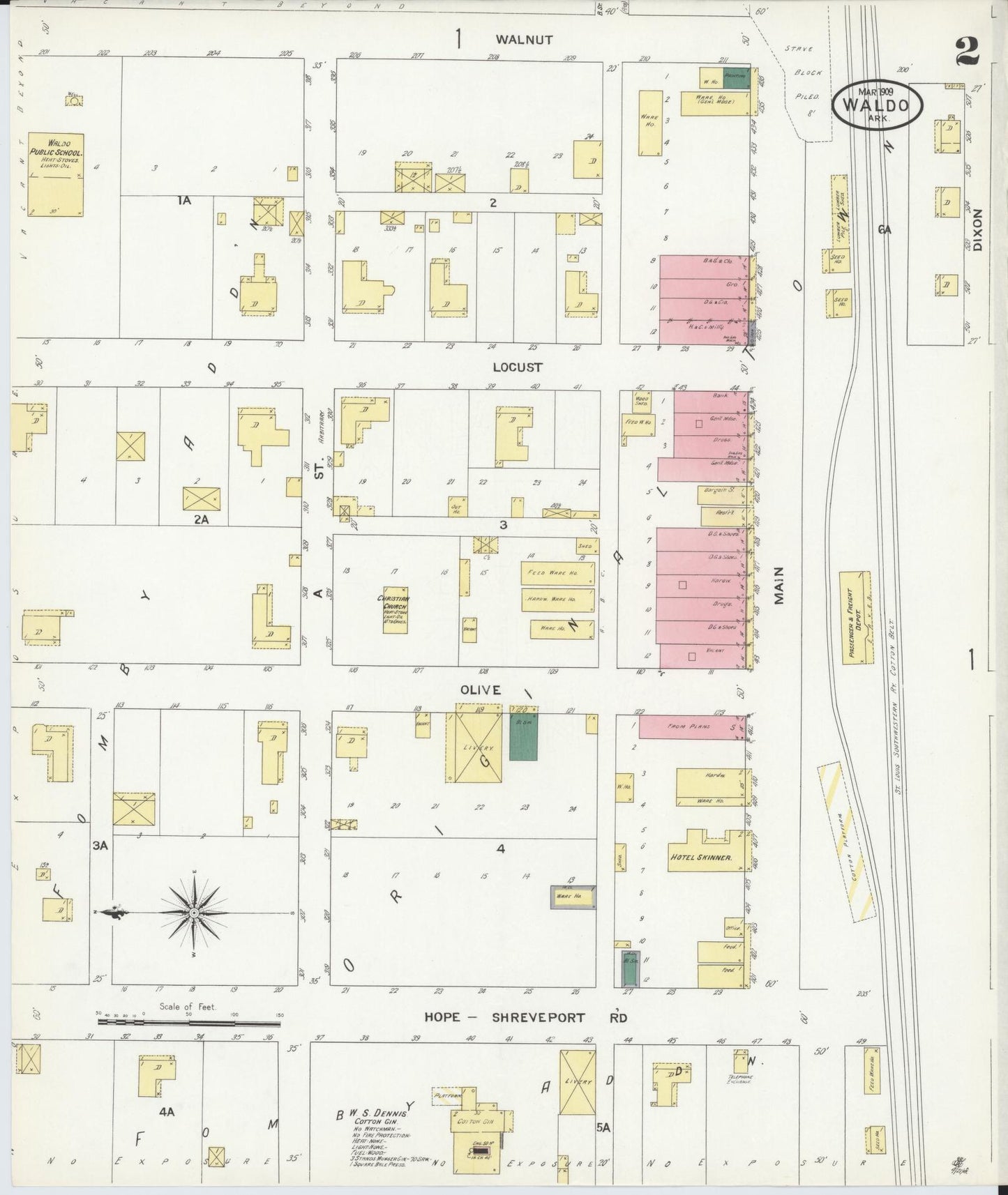 Sanborn Fire Insurance Map from Waldo, Columbia County, Arkansas (1909), Sheet #0002 - Complete Map Set gallery image, historic Sanborn map, vintage wall art, Arkansas Arkansas