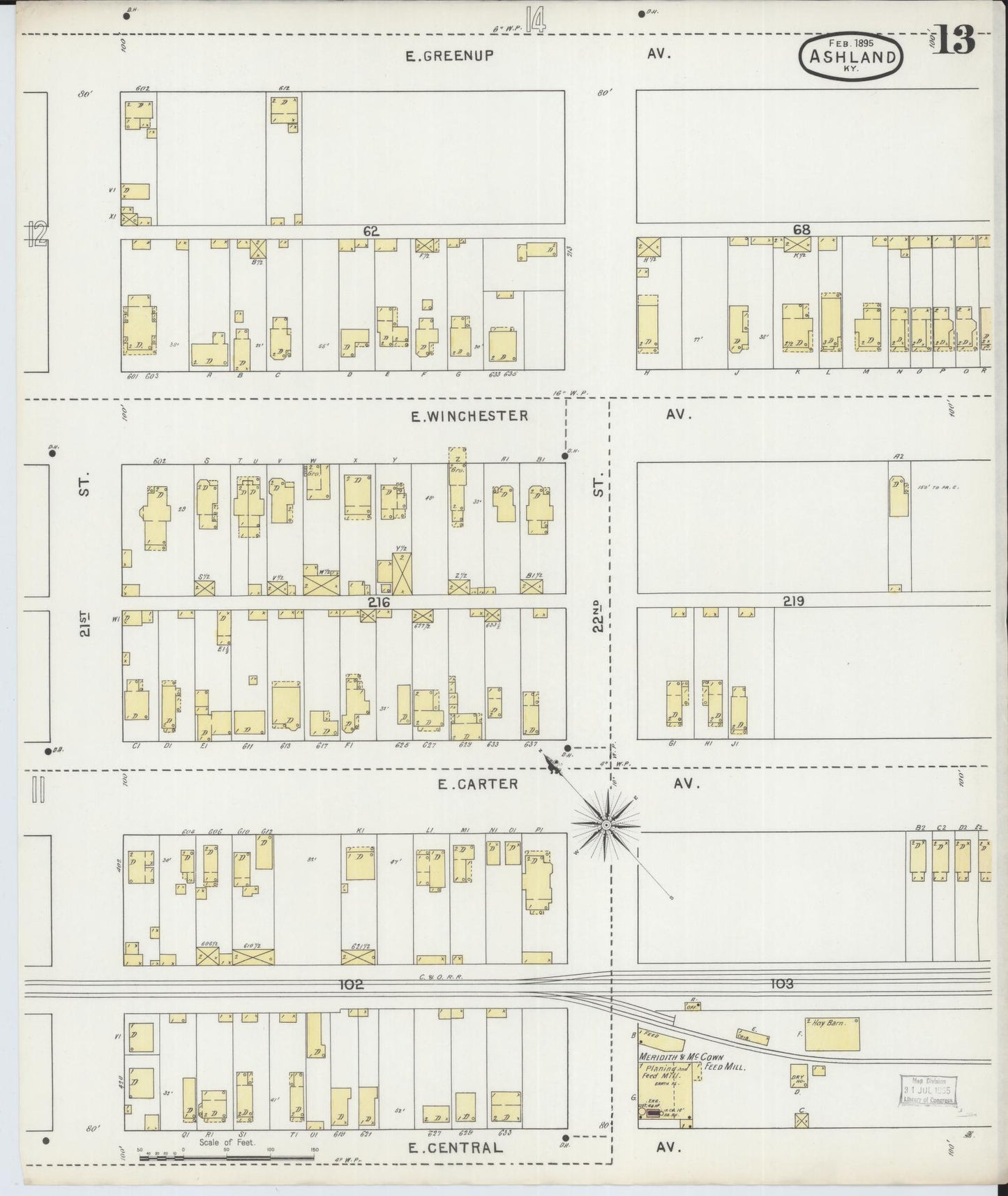 Sanborn Fire Insurance Map from Ashland, Boyd County, Kentucky (1895), Sheet #0013 - Historic Sanborn Fire Insurance Map Print, vintage old map wall art, antique decor, genealogy gift, Kentucky Kentucky map