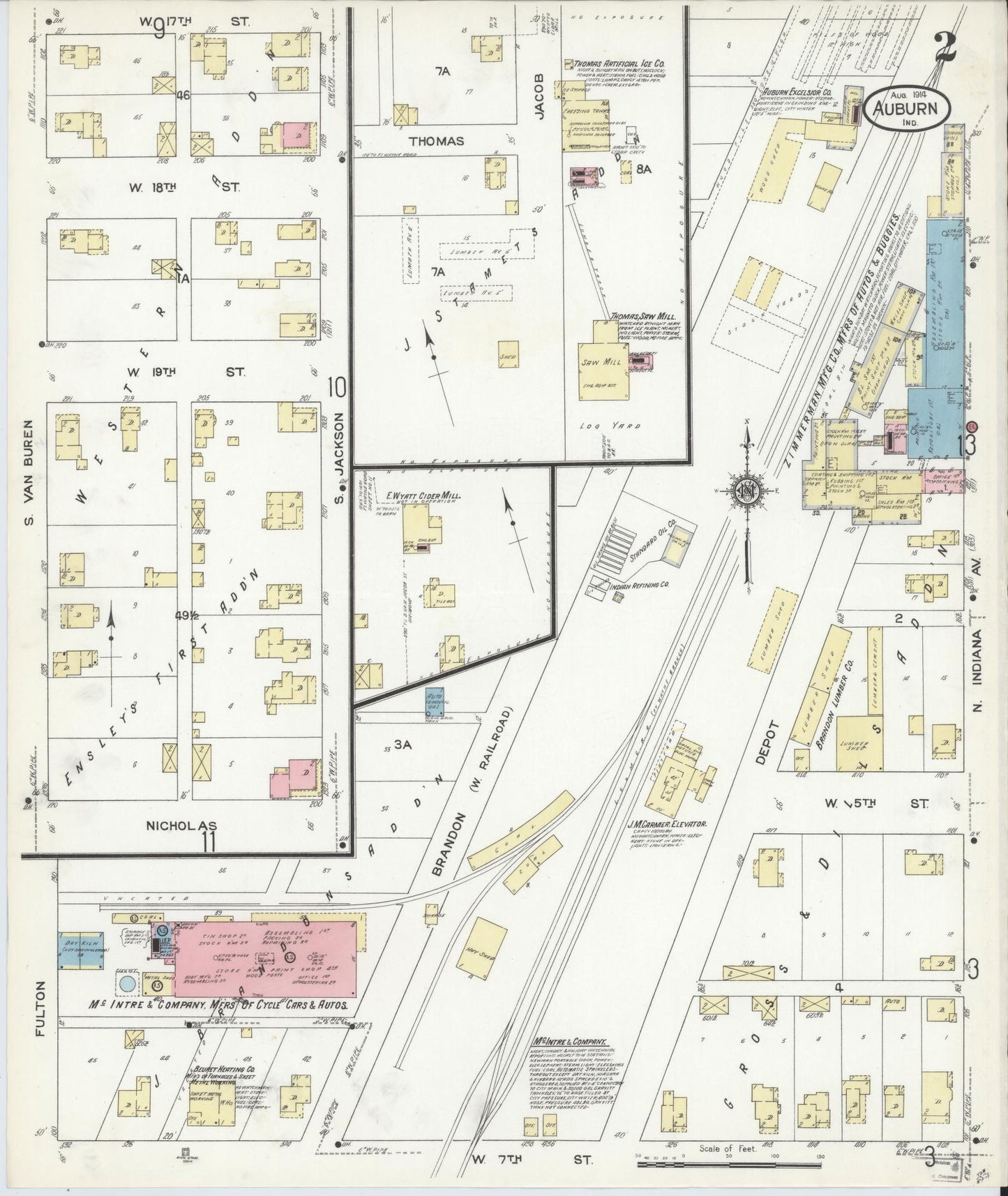 Sanborn Fire Insurance Map from Auburn, De Kalb County, Indiana (1914), Sheet #0002 - Historic Sanborn Fire Insurance Map Print, vintage old map wall art, antique decor, genealogy gift, Indiana Indiana map