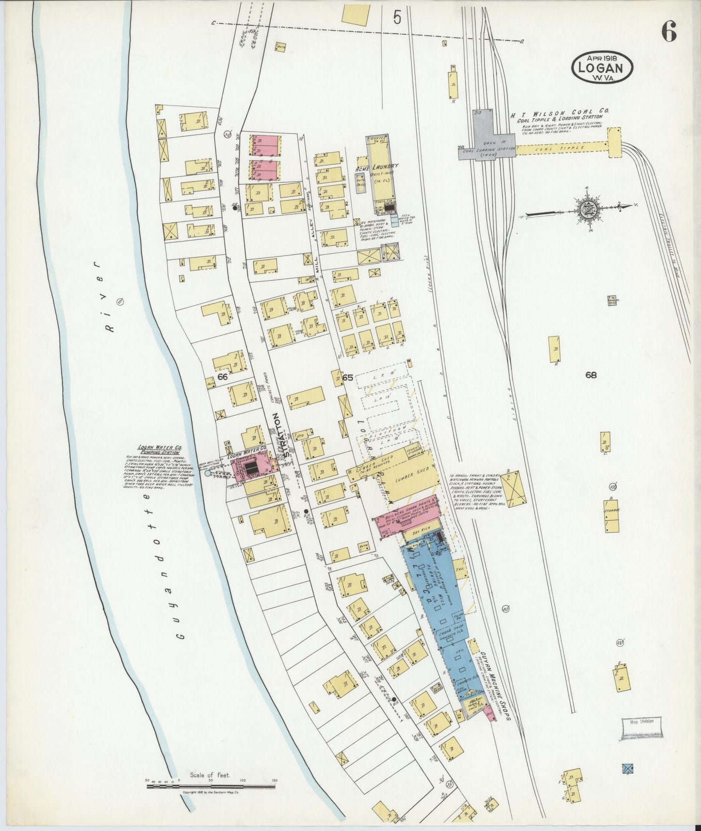 Sanborn Fire Insurance Map from Logan, Logan County, West Virginia (1918), Sheet #0006 - Historic Sanborn Fire Insurance Map Print, vintage old map wall art, antique decor, genealogy gift, West Virginia West Virginia map