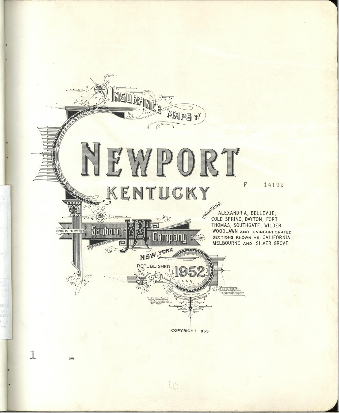 Sanborn Fire Insurance Map from Newport, Campbell County, Kentucky (1953), Sheet #0001 - Historic Sanborn Fire Insurance Map Print, vintage old map wall art, antique decor, genealogy gift, Kentucky Kentucky map
