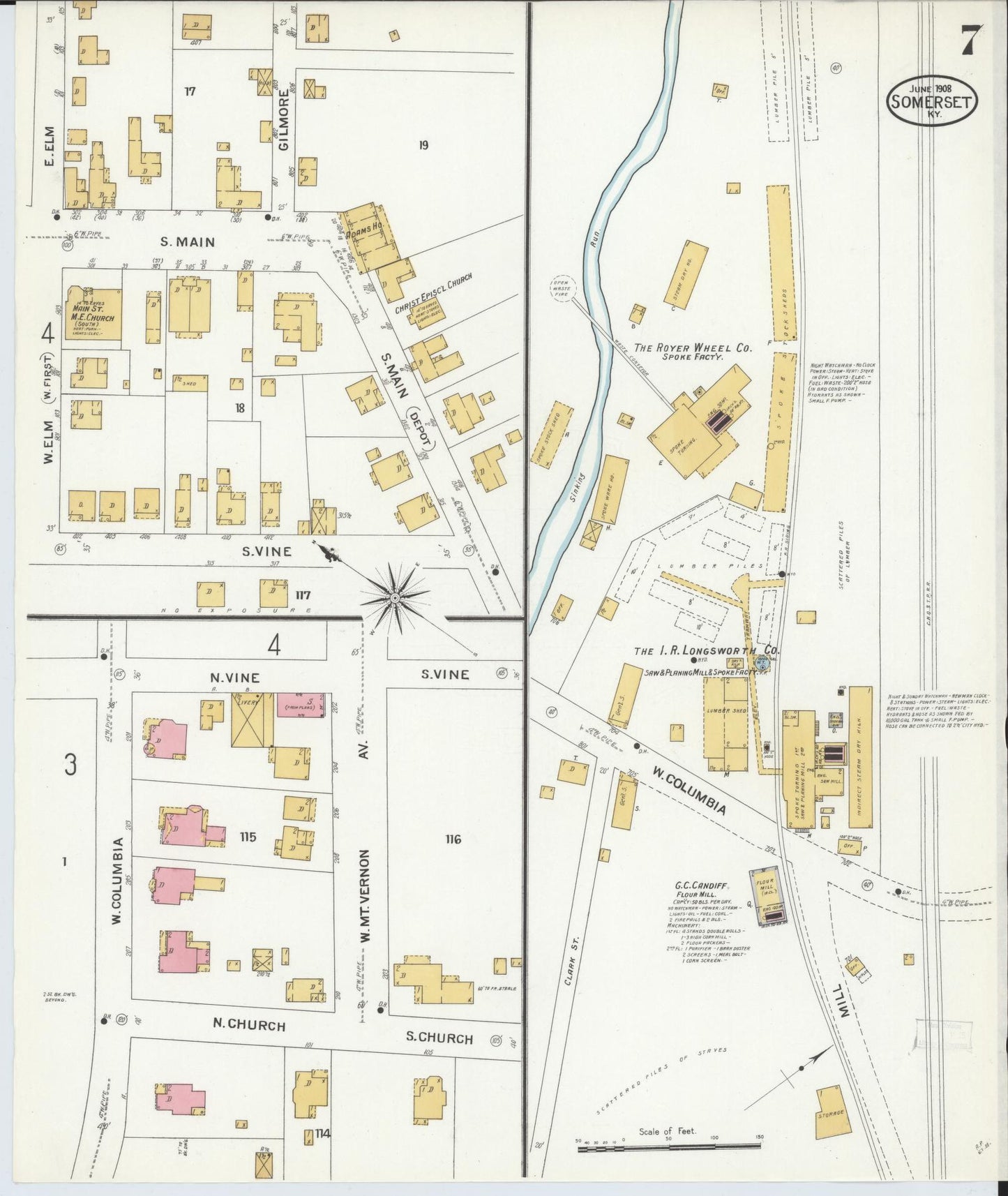 Sanborn Fire Insurance Map from Somerset, Pulaski County, Kentucky (1908), Sheet #0007 - Historic Sanborn Fire Insurance Map Print, vintage old map wall art, antique decor, genealogy gift, Kentucky Kentucky map