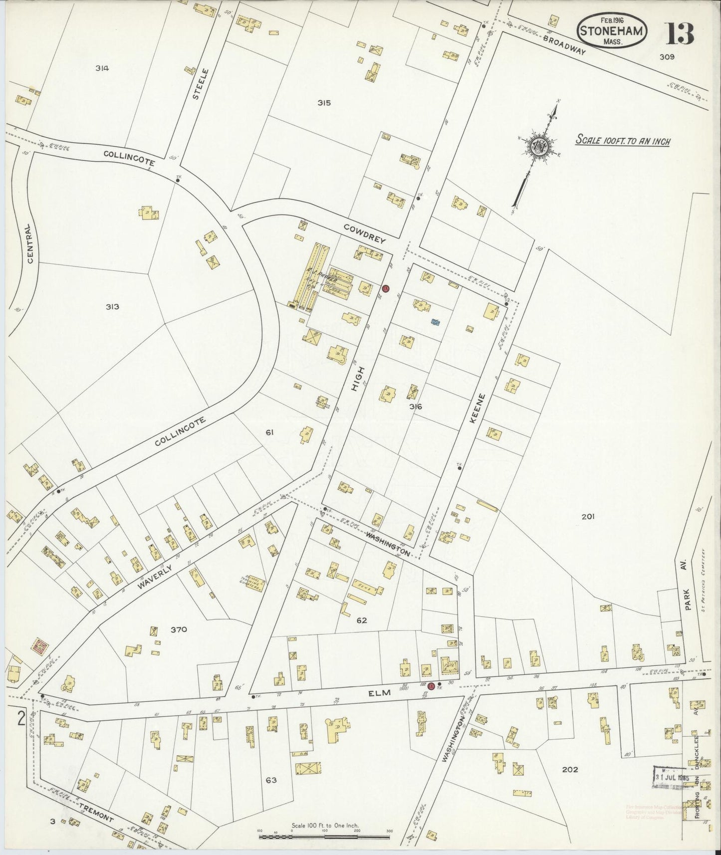 Sanborn Fire Insurance Map from Stoneham, Middlesex County, Massachusetts (1916), Sheet #0013 - Historic Sanborn Fire Insurance Map Print, vintage old map wall art, antique decor, genealogy gift, Massachusetts Massachusetts map