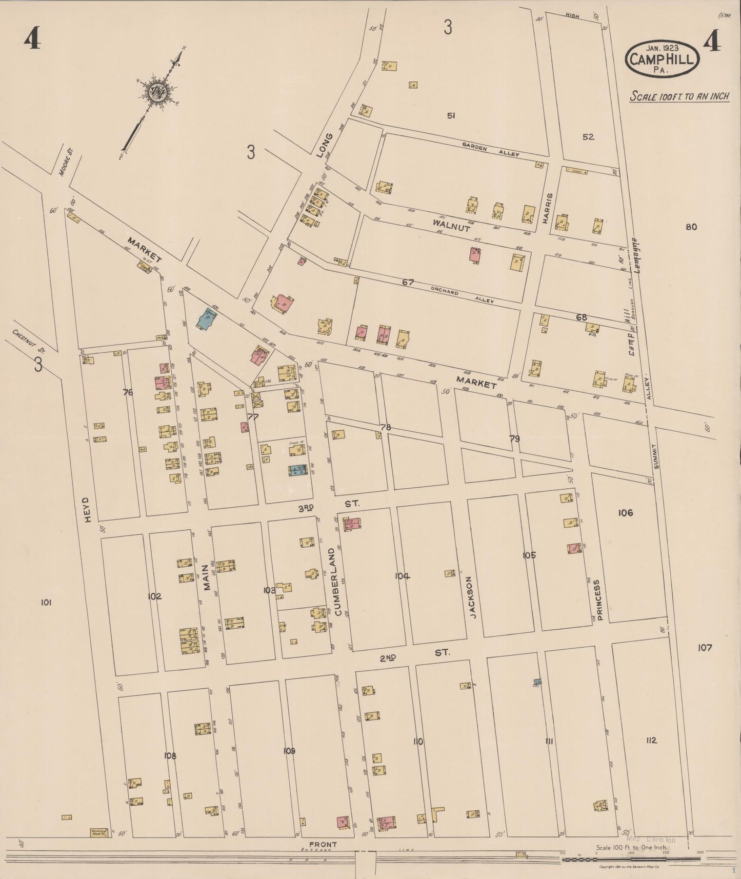 Sanborn Fire Insurance Map from Camp Hill, Cumberland County, Pennsylvania (1923), Sheet #0004 - Historic Sanborn Fire Insurance Map Print, vintage old map wall art, antique decor, genealogy gift, Pennsylvania Pennsylvania map