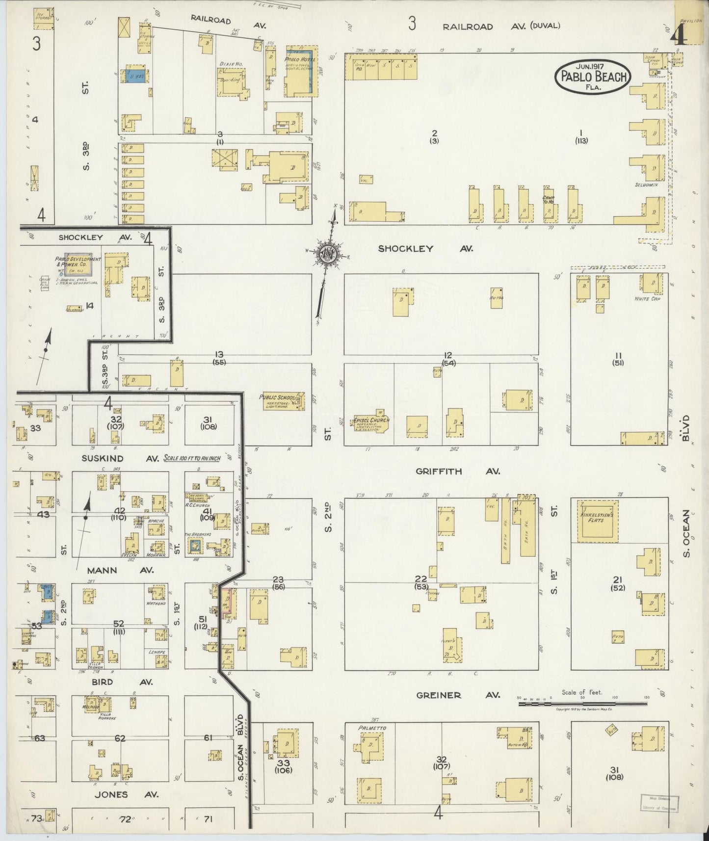 Sanborn Fire Insurance Map from Pablo Beach, Duval County, Florida (1917), Sheet #0004 - Complete Map Set gallery image, historic Sanborn map, vintage wall art, Florida Florida