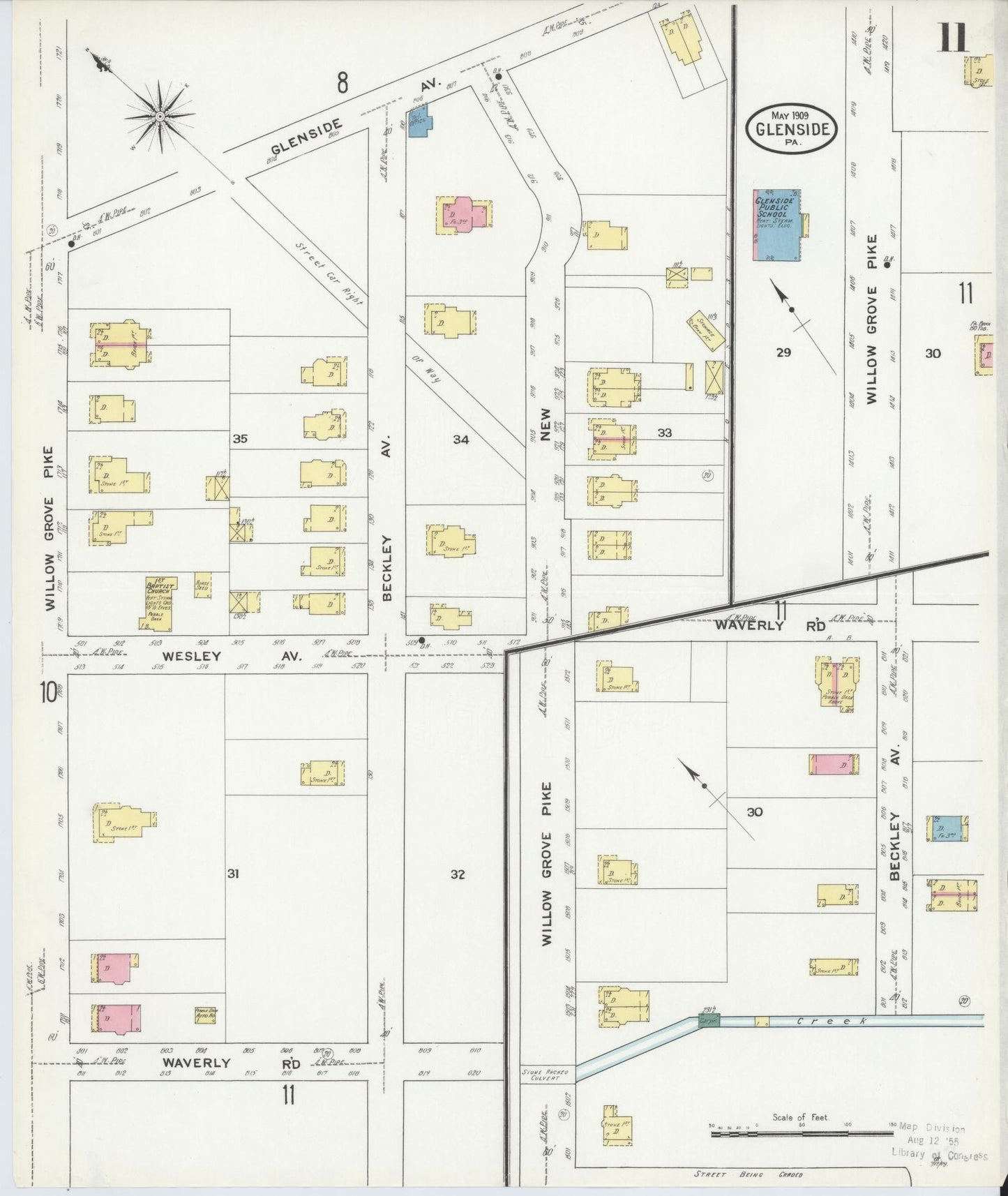 Sanborn Fire Insurance Map from Glenside, Montgomery County, Pennsylvania (1909), Sheet #0011 - Historic Sanborn Fire Insurance Map Print, vintage old map wall art, antique decor, genealogy gift, Pennsylvania Pennsylvania map
