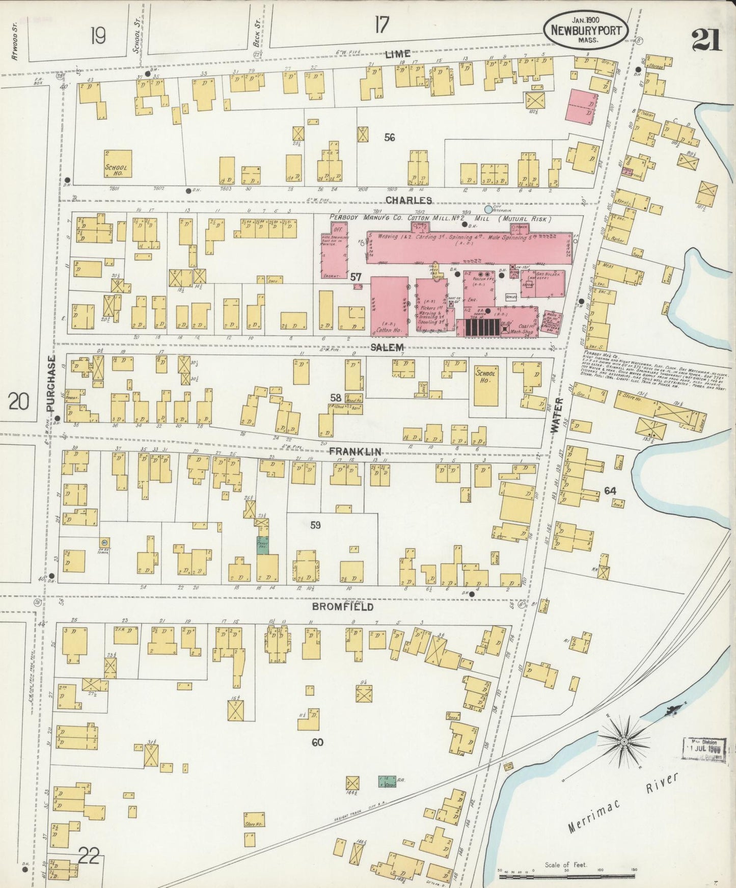 Sanborn Fire Insurance Map from Newburyport, Essex County, Massachusetts (1900), Sheet #0021 - Historic Sanborn Fire Insurance Map Print, vintage old map wall art, antique decor, genealogy gift, Massachusetts Massachusetts map