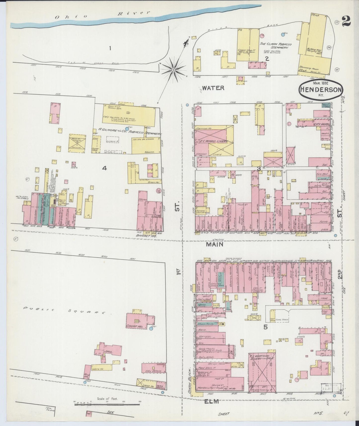 Sanborn Fire Insurance Map from Henderson, Henderson County, Kentucky (1892), Sheet #0002 - Historic Sanborn Fire Insurance Map Print, vintage old map wall art, antique decor, genealogy gift, Kentucky Kentucky map