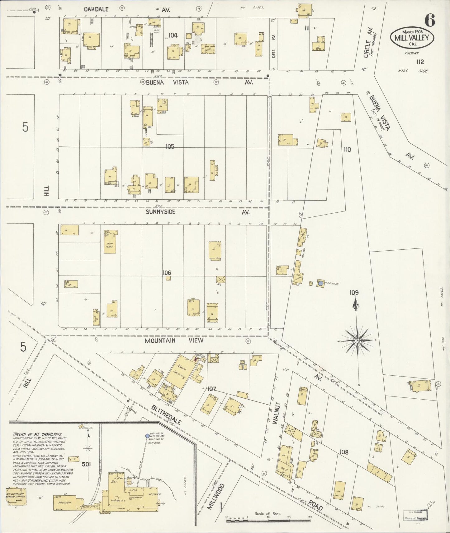 Sanborn Fire Insurance Map from Mill Valley, Marin County, California (1908), Sheet #0006 - Historic Sanborn Fire Insurance Map Print, vintage old map wall art, antique decor, genealogy gift, California California map