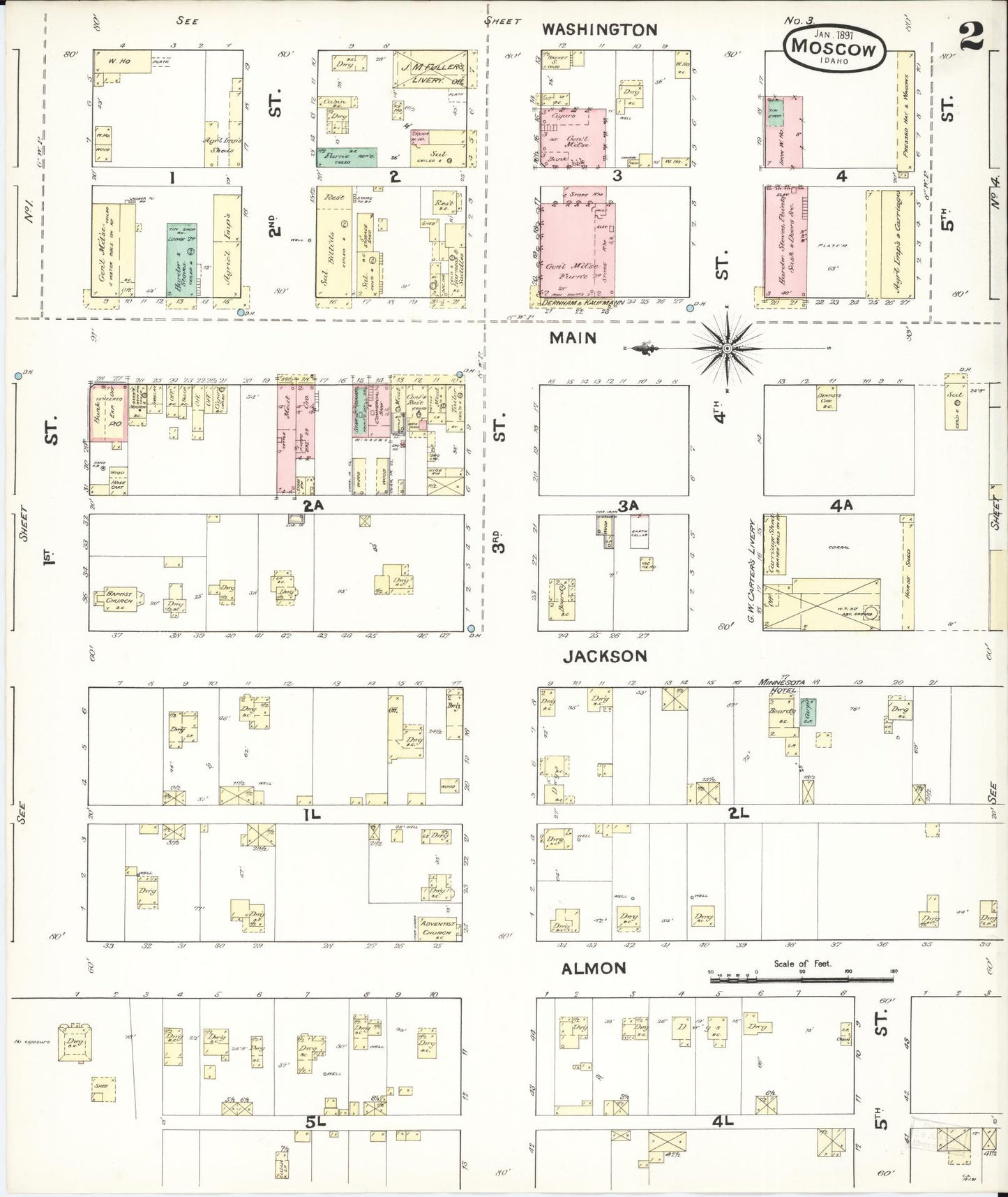 Sanborn Fire Insurance Map from Moscow, Latah County, Idaho (1891), Sheet #0002 - Historic Sanborn Fire Insurance Map Print, vintage old map wall art, antique decor, genealogy gift, Idaho Idaho map